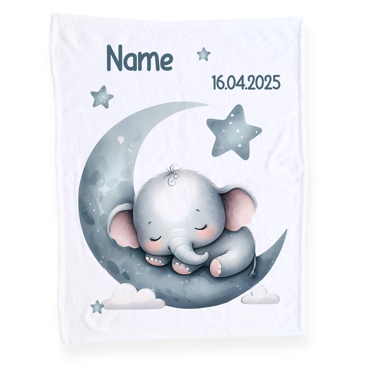 Personalisierte Babydecke mit schlafendem Elefanten und Mond.