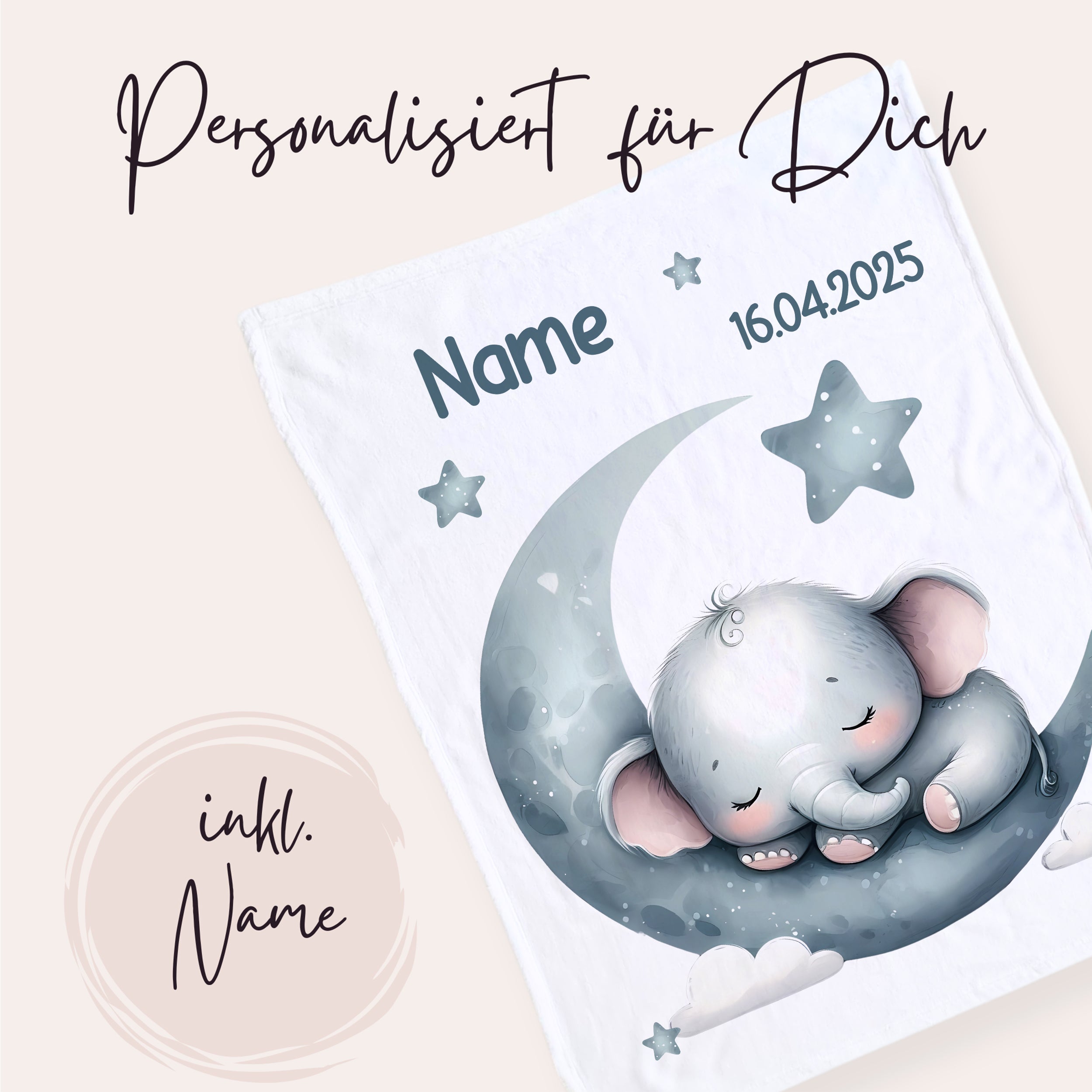 Personalisierte Babydecke mit Elefant, Mond und Sternen.