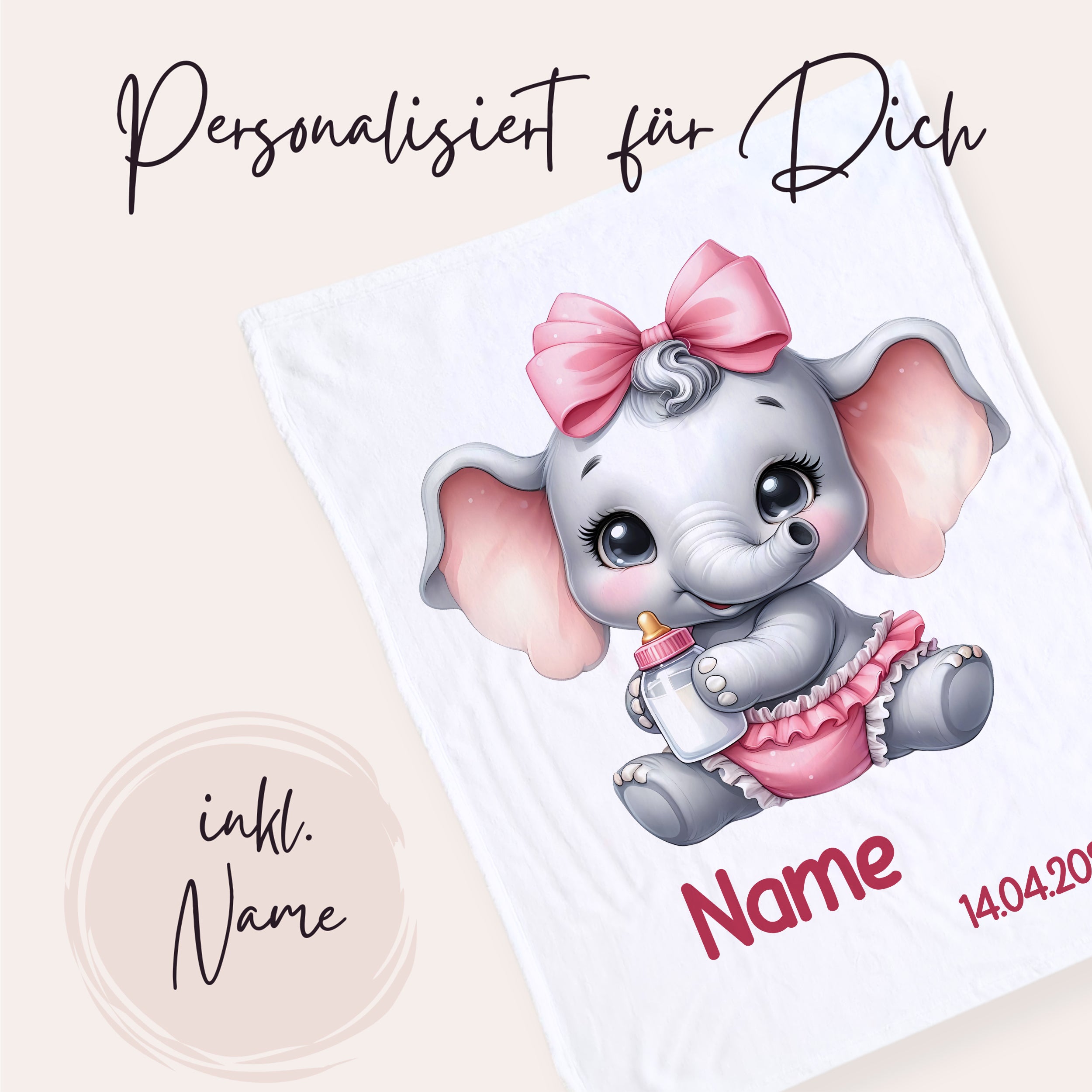 Personalisierte Babydecke mit grauem Elefanten und rosa Details.