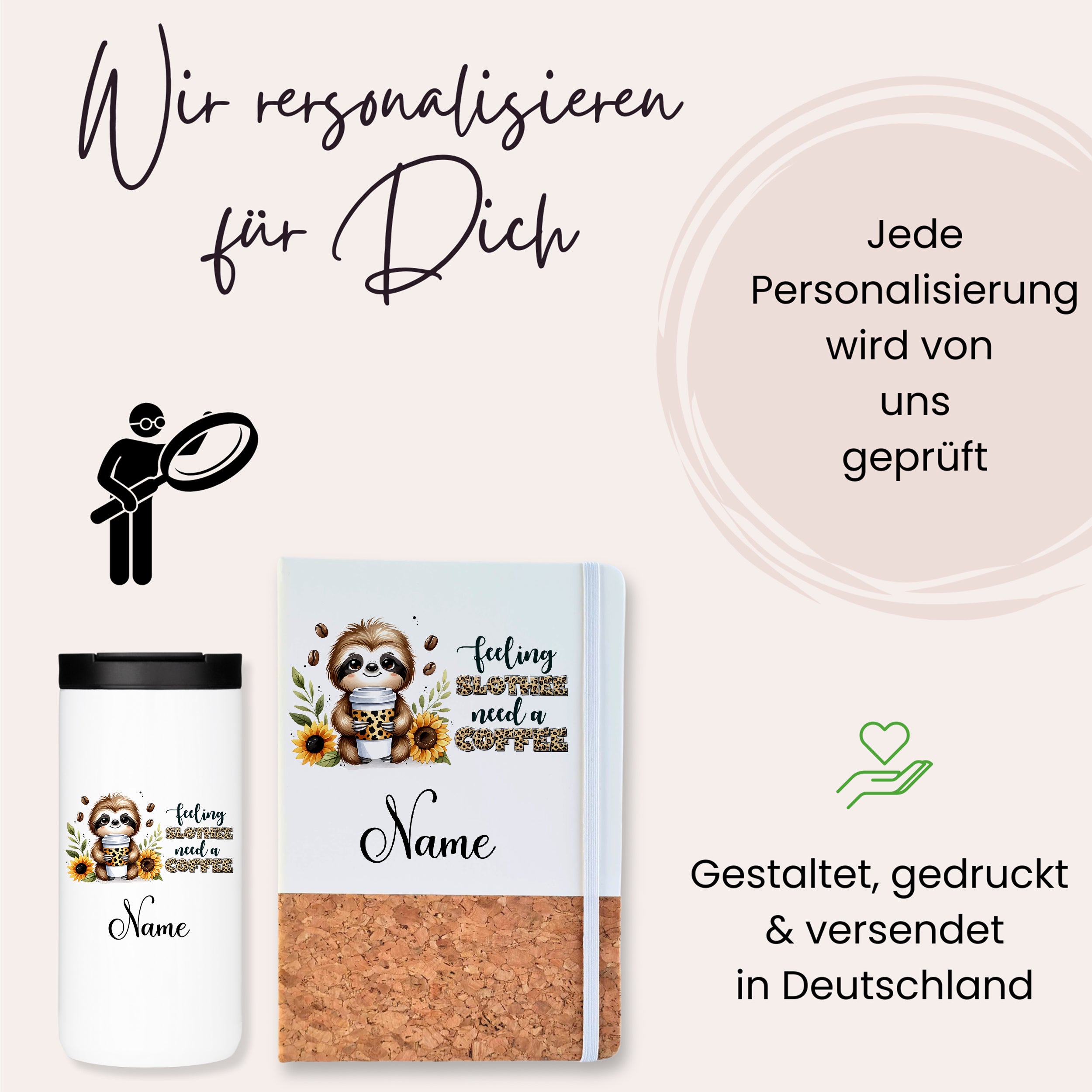 Personalisierte Kaffeetasse und Notizbuch mit Faultier-Motiv.