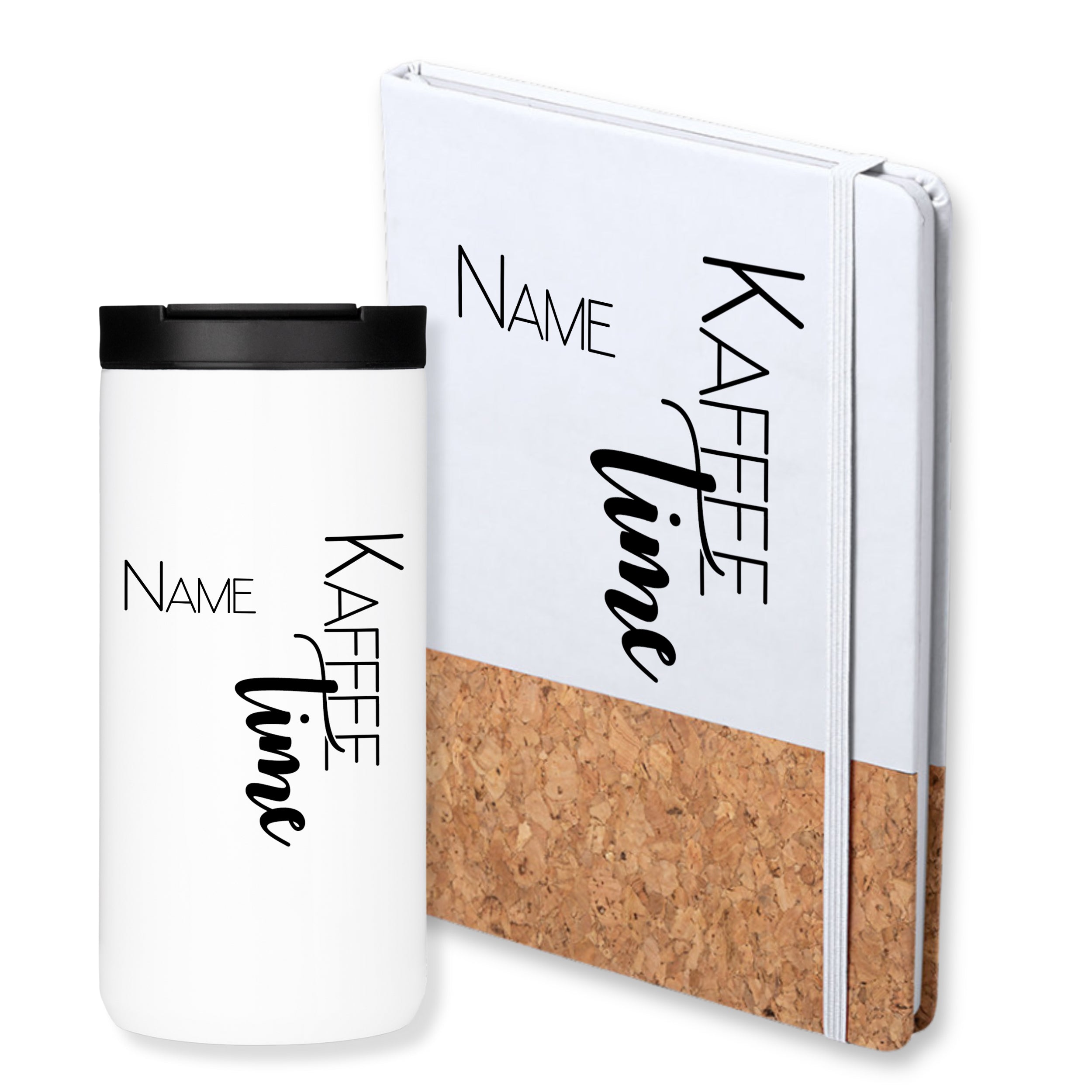 Weißer Kaffeebecher und Notizbuch mit Korkunterlage, personalisiert.