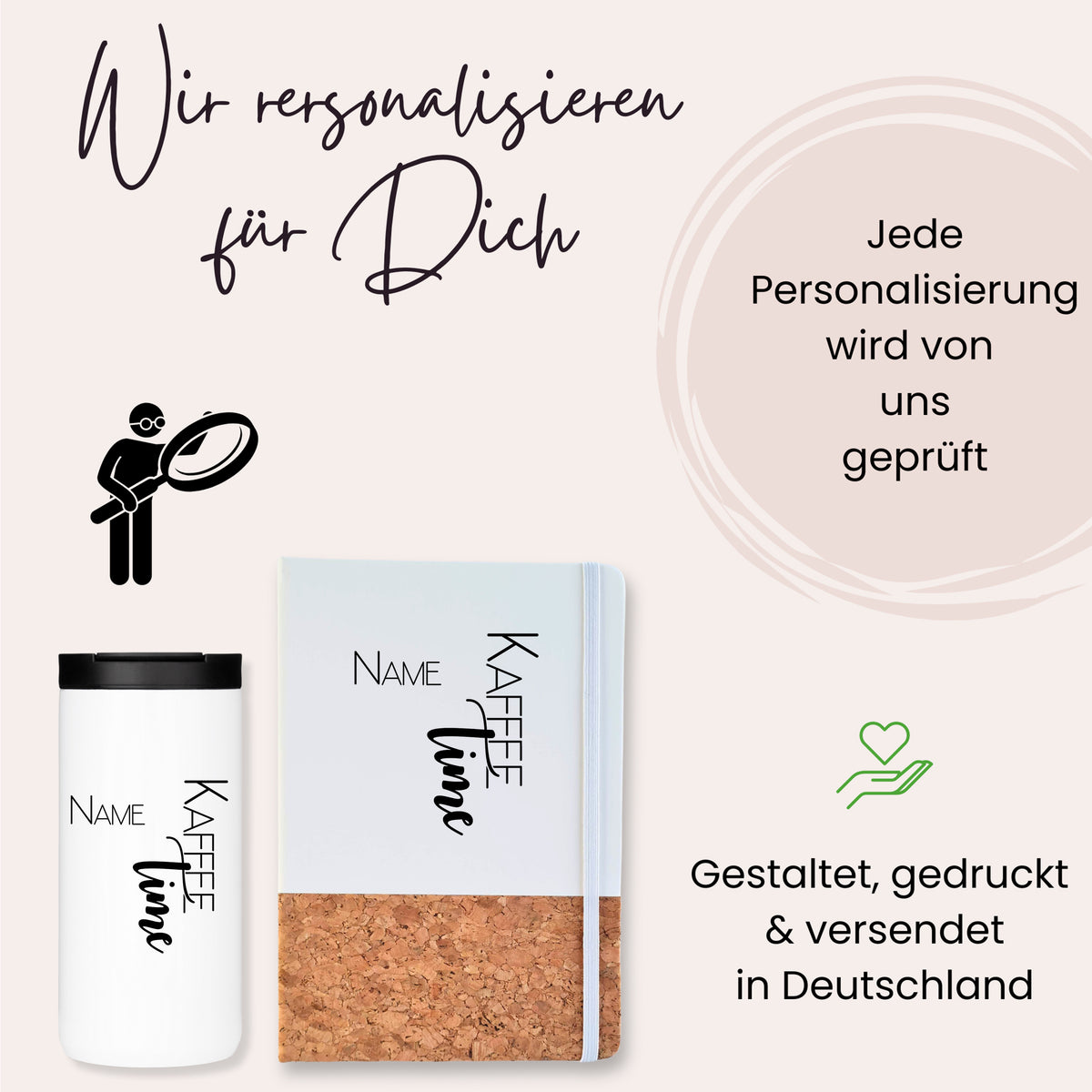 Personalisierte Kaffeetasse und Notizbuch in Weiß und Kork.