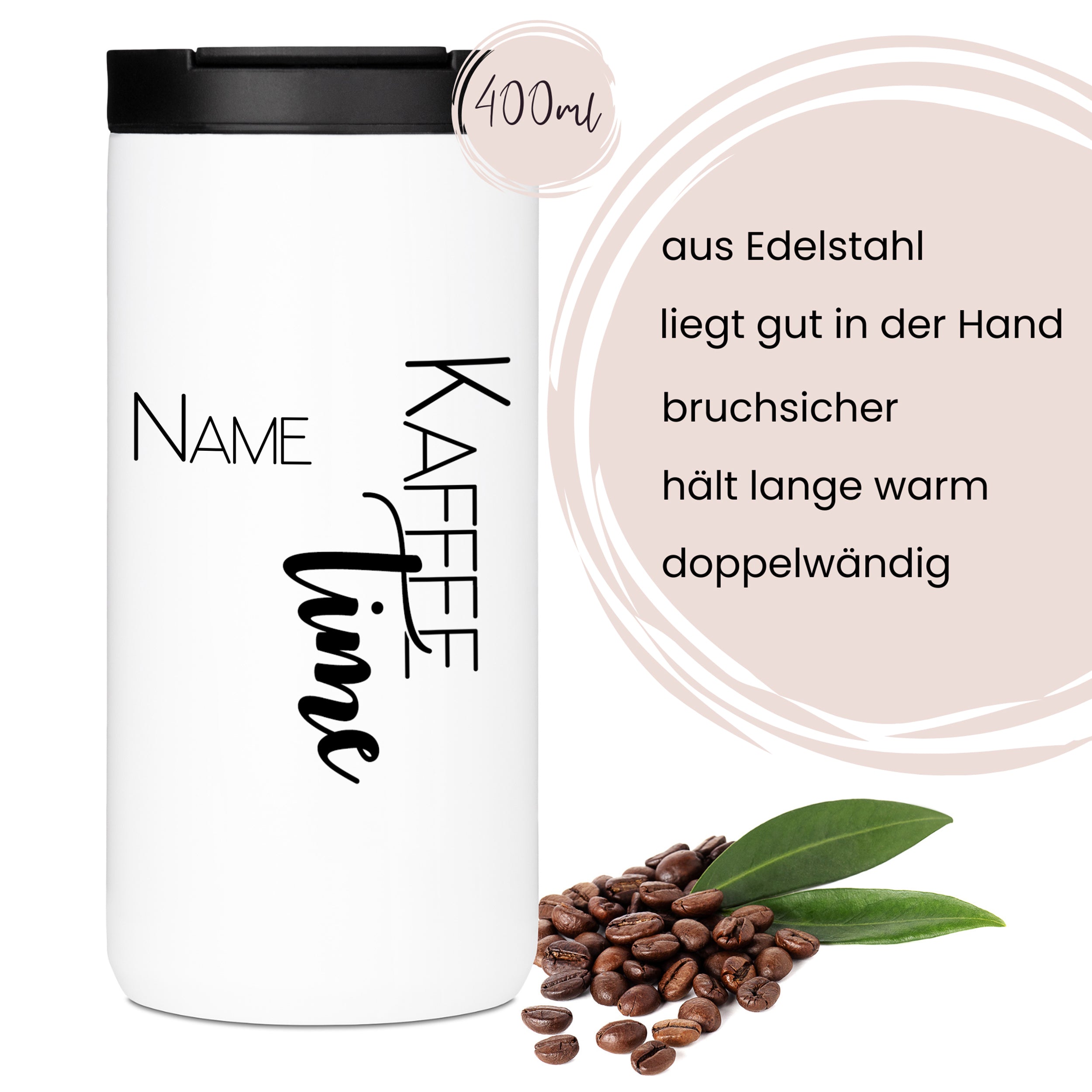 Weißer Edelstahlbecher mit "Kaffee Time"-Aufdruck, 400ml.