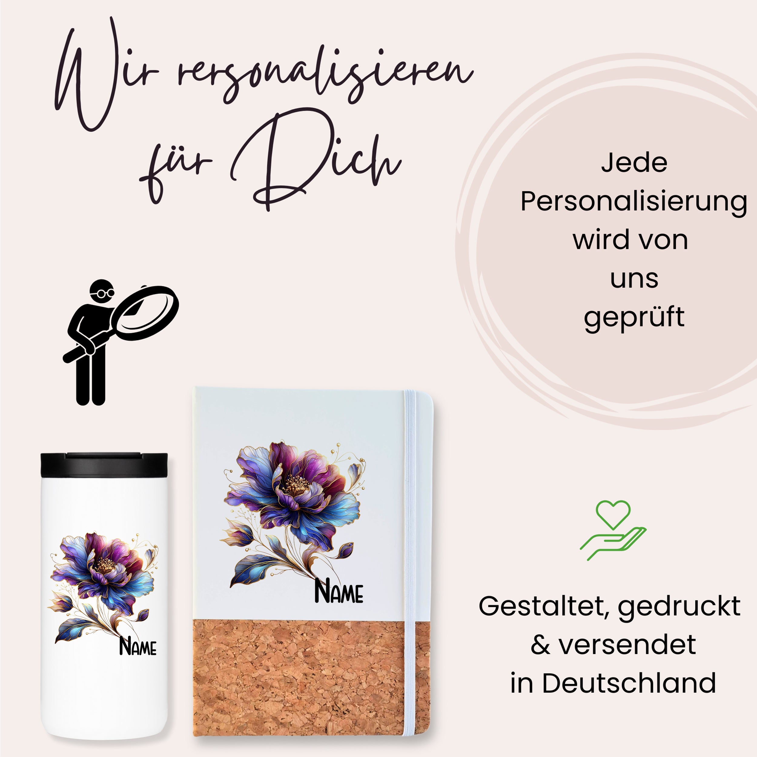 Personalisierte Tasse und Notizbuch mit Blumenmotiv.