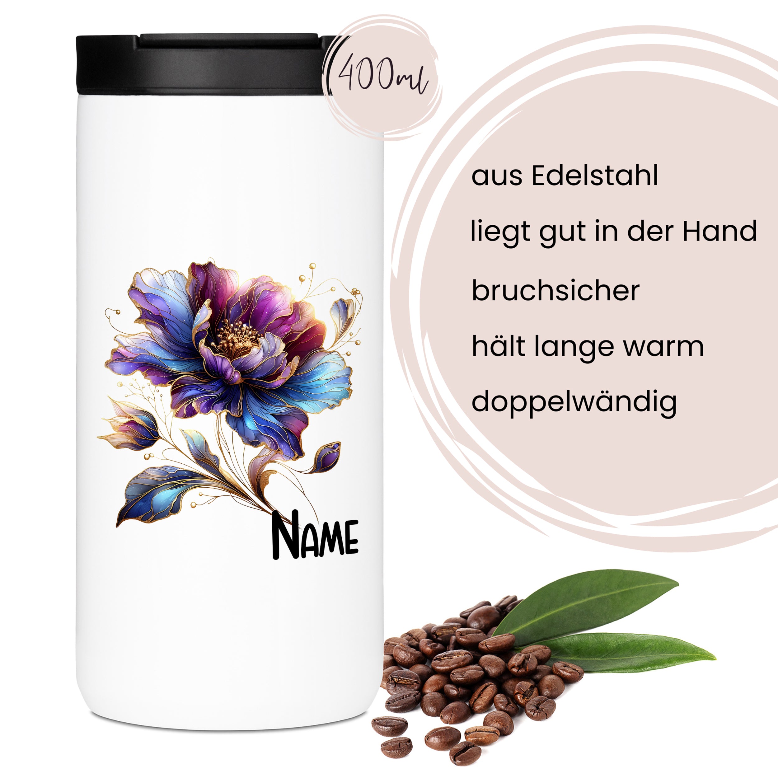 Edelstahl-Thermobecher mit buntem Blumenmotiv, 400 ml.