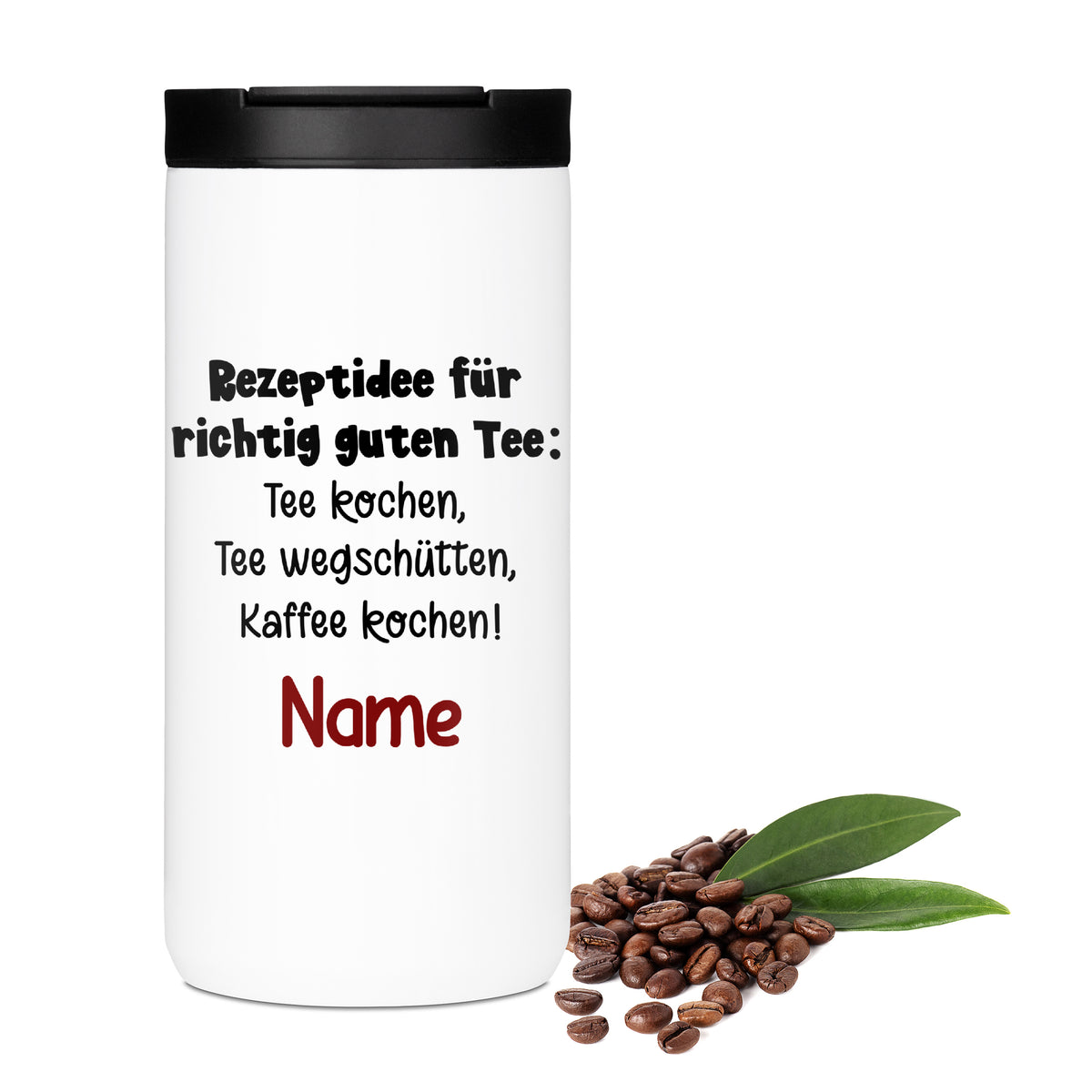Weißer Becher mit Tee- und Kaffee-Rezept, personalisierbar.