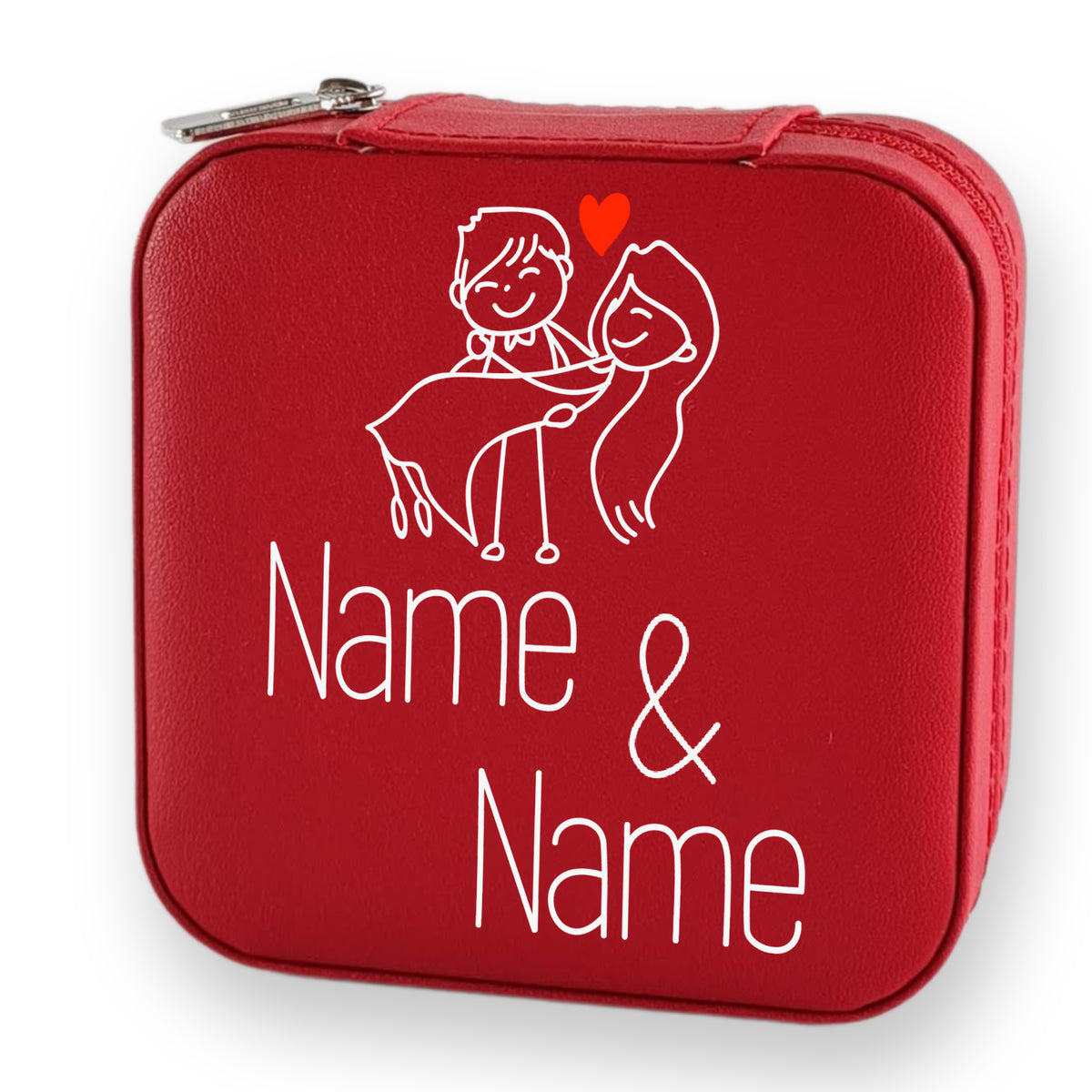 Rote Tasche mit personalisierten Namen und Liebespaar-Illustration.
