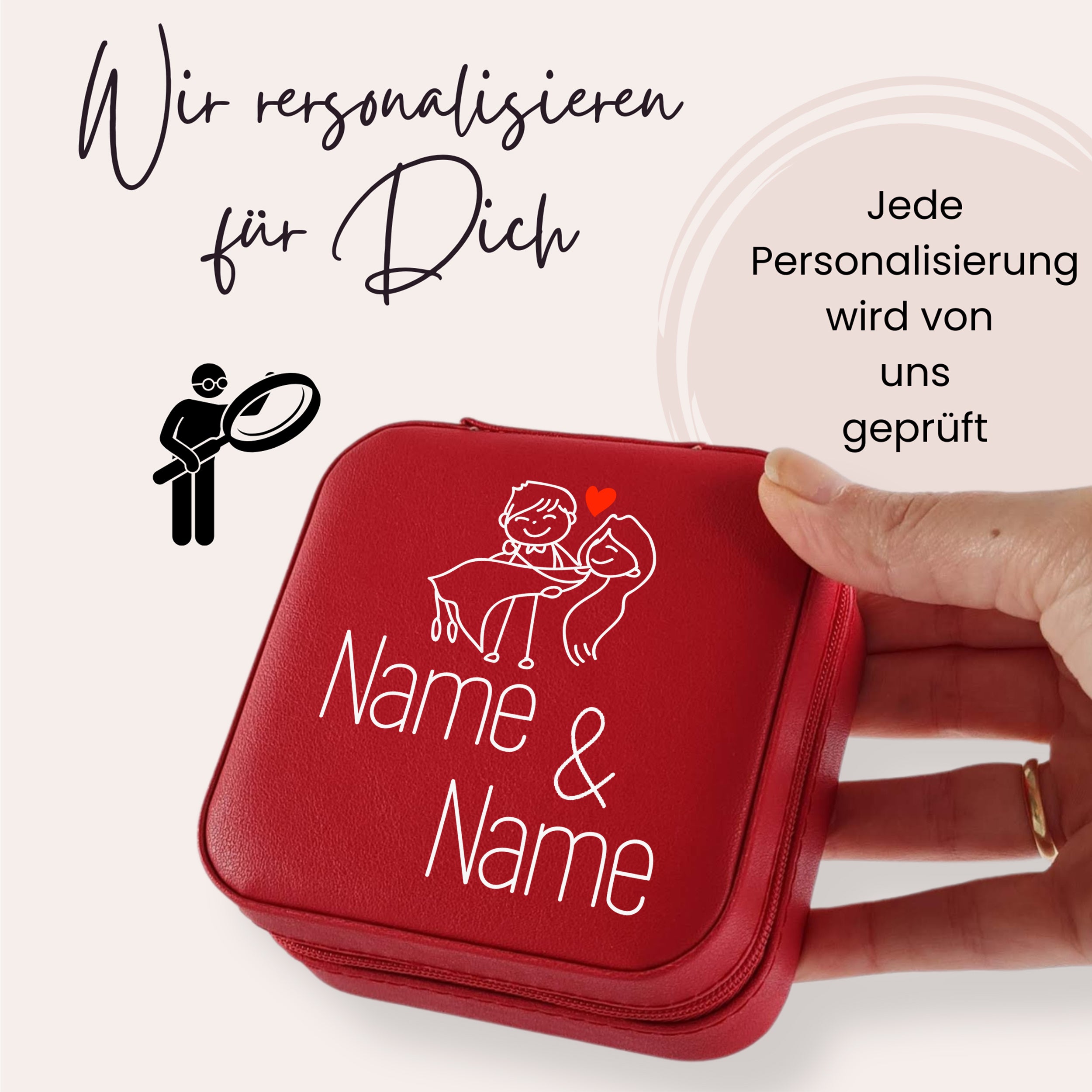 Rote personalisierte Box mit Namen und Illustrationen.
