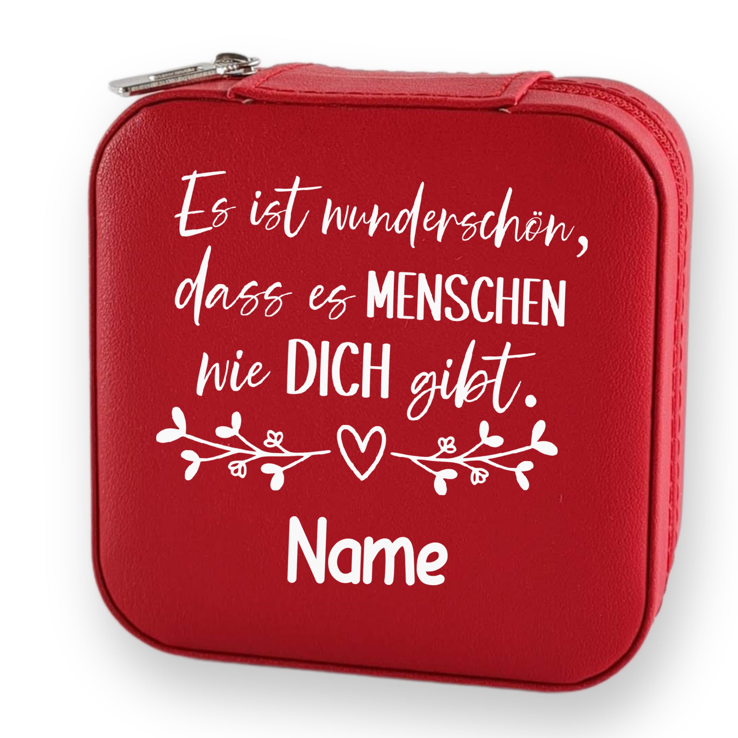 Rote Tasche mit weißem Text und Herzmotiv.