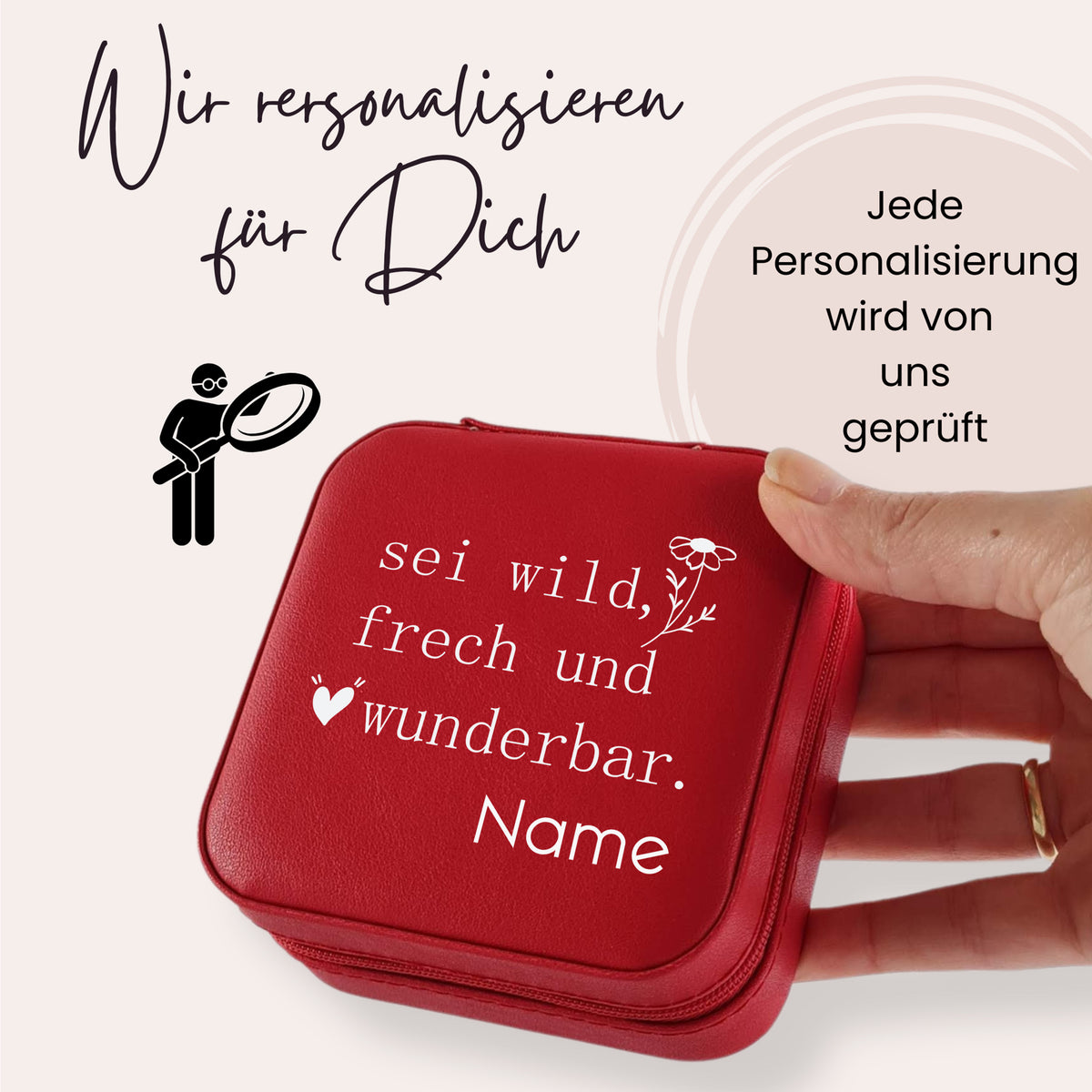 Rote personalisierte Schmuckbox mit inspirierendem Spruch.