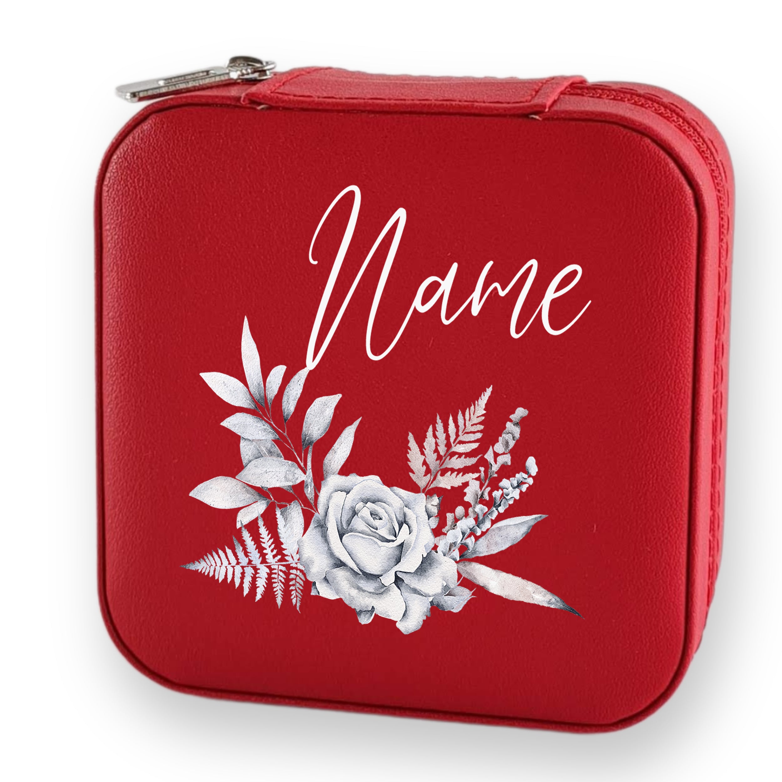 Rote Kosmetiktasche mit Blumenmuster und personalisierbarem Namen.