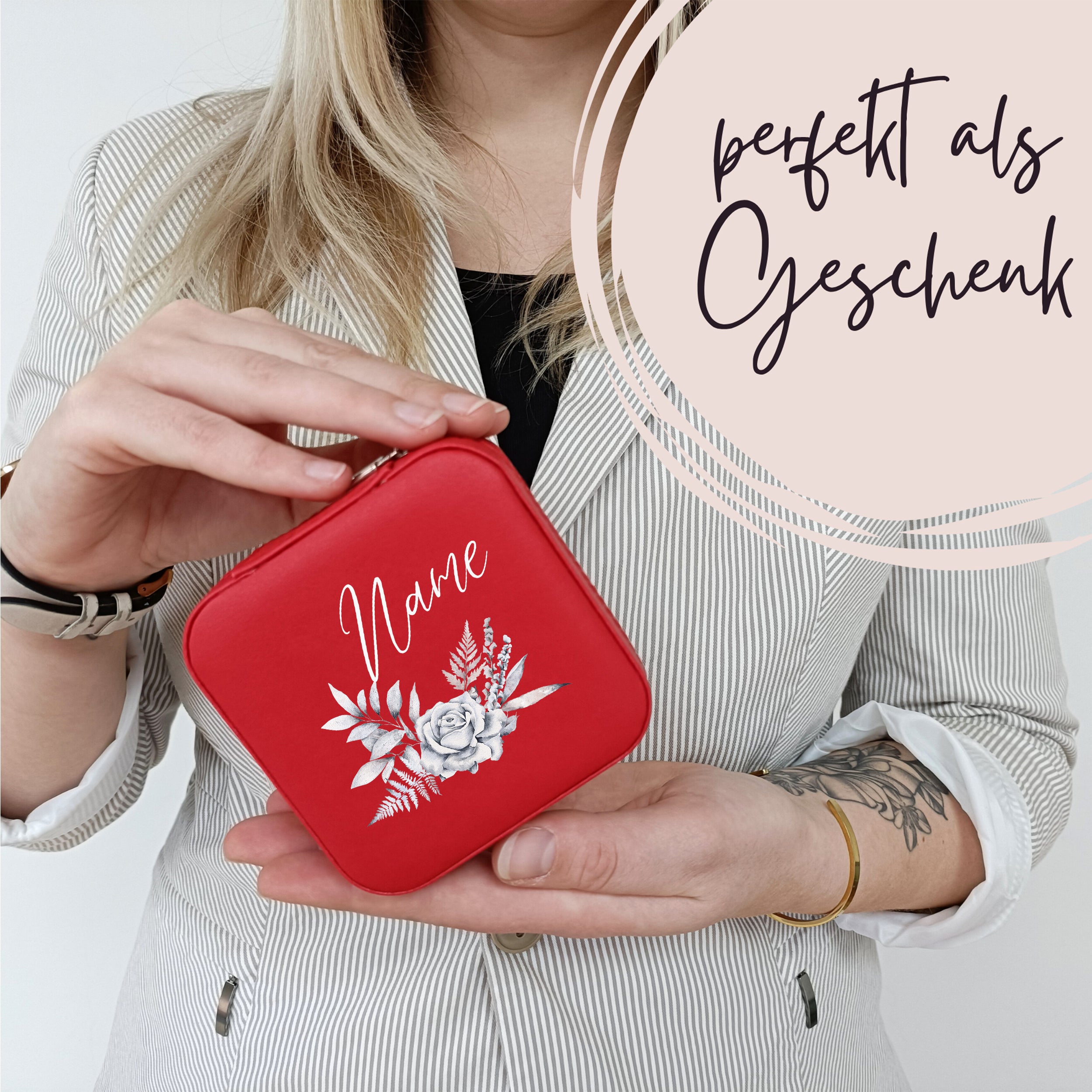 Rote Geschenkdose mit floralem Design und personalisierbarem Namen.