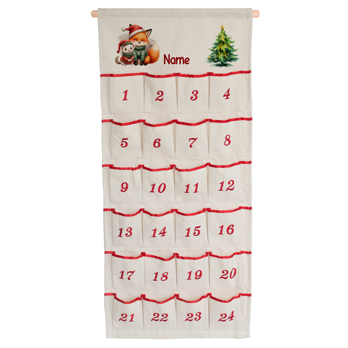 Adventskalender aus Stoff mit Wunschname, Fuchs, kleinem Waldtier und 24 nummerierten Taschen