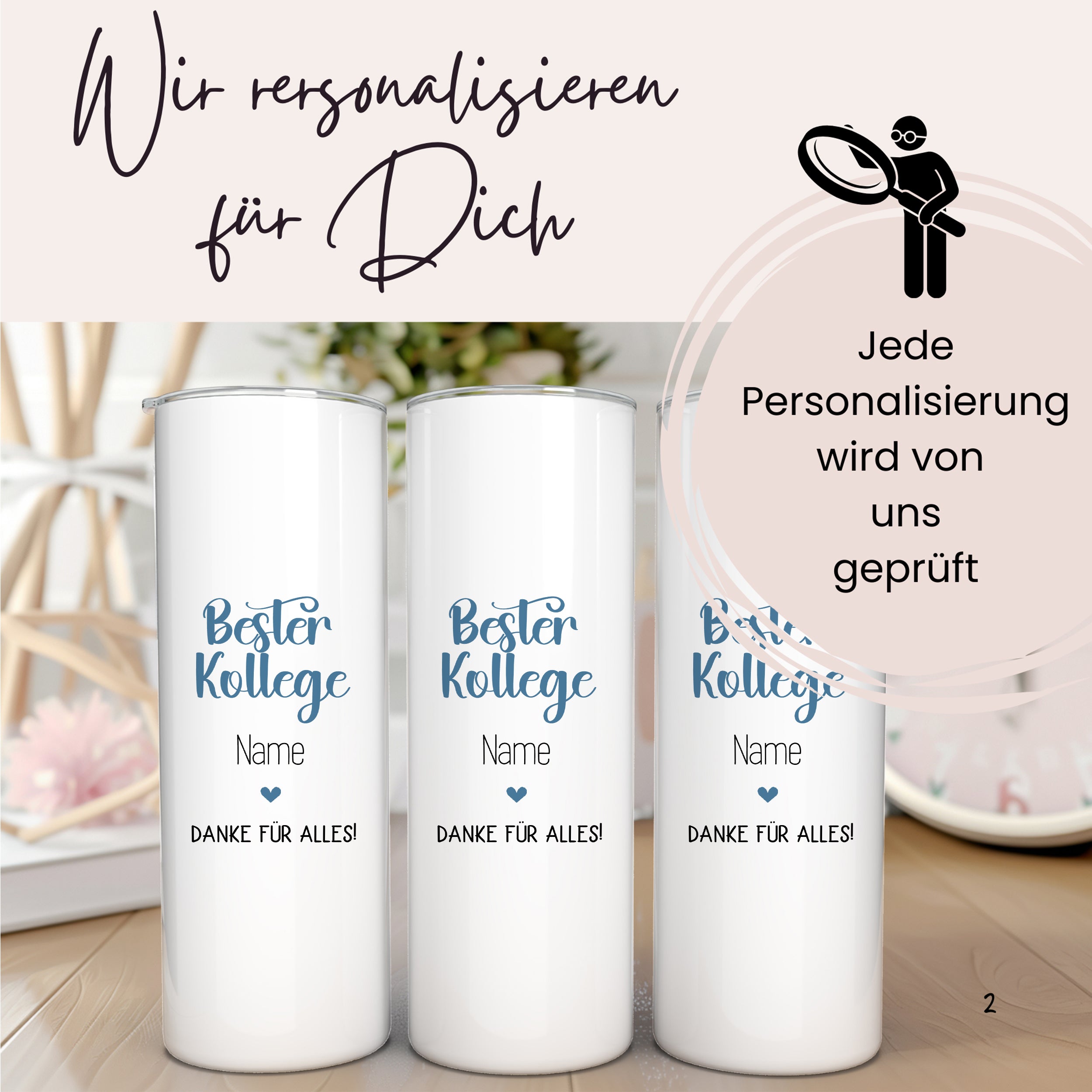 Personalisierte Tassen für Kollegen, weiß mit blauem Text.