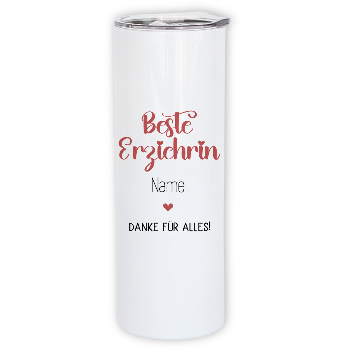 Weißer Becher mit rotem Text "Beste Erziehrin, Danke für alles!"