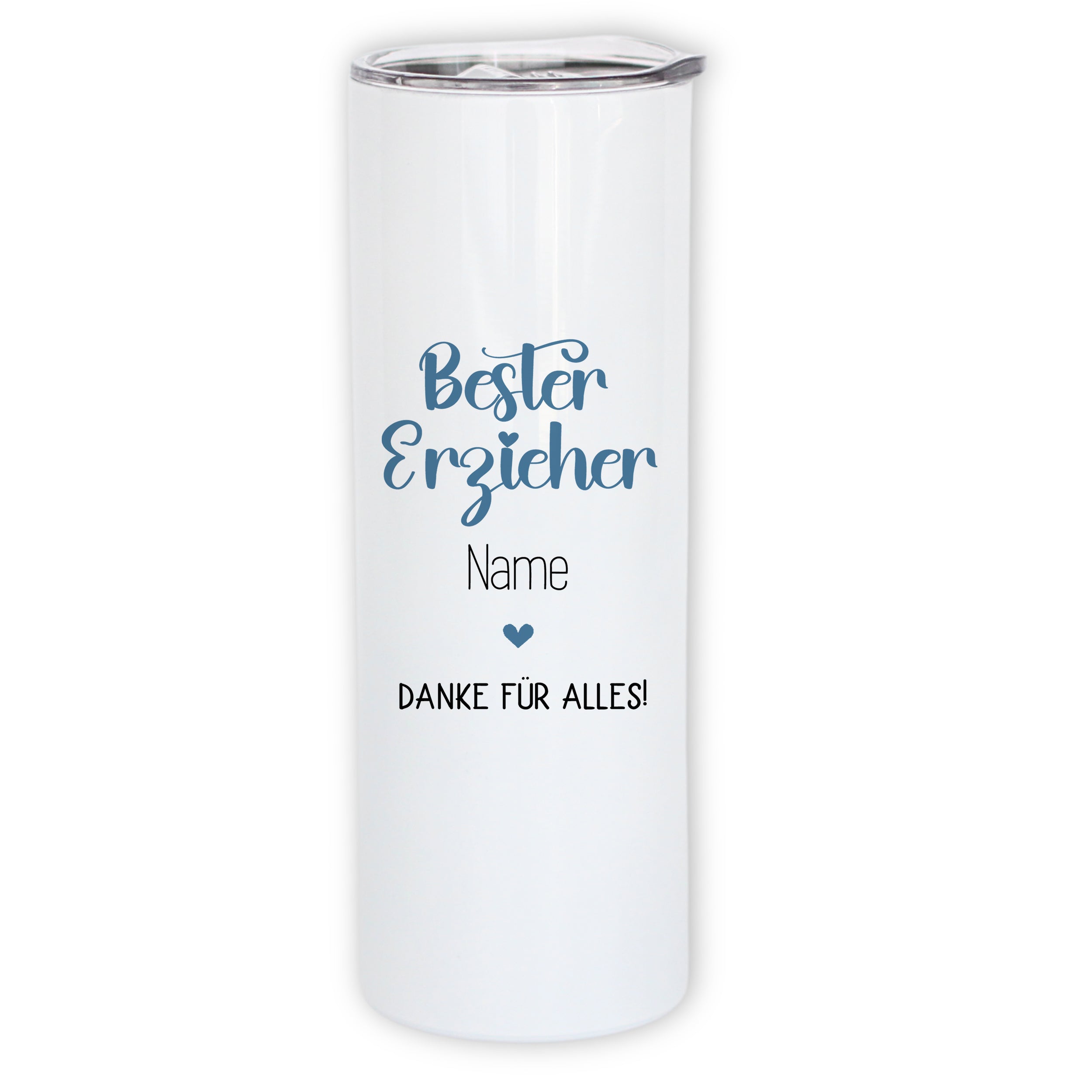 Weißer Becher mit blauem Text, "Bester Erzieher", personalisierbar.
