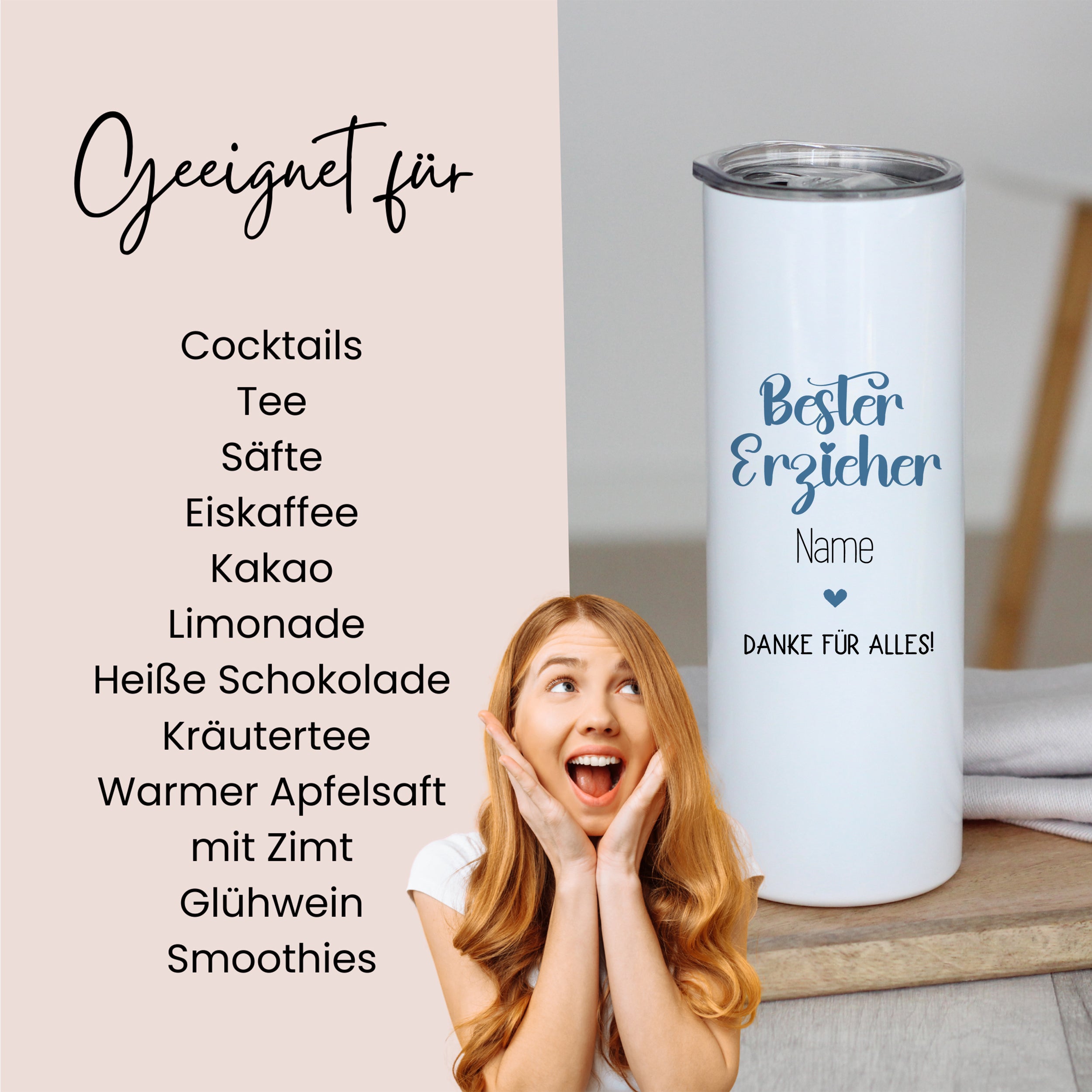 Weißer Thermobecher mit Aufschrift „Bester Erzieher“.