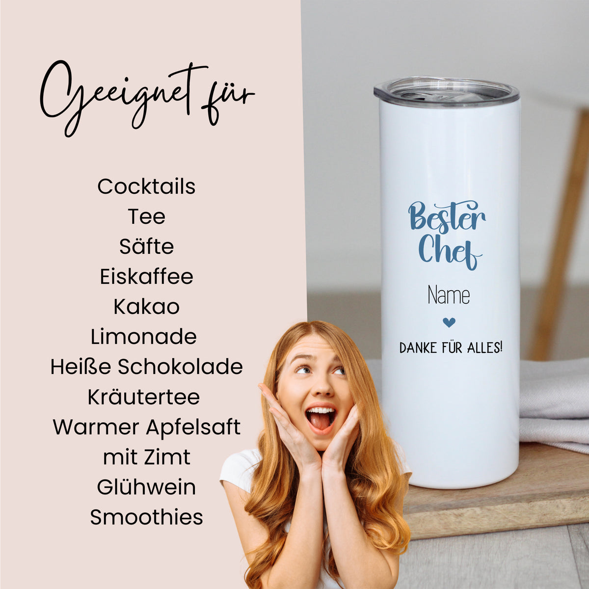 Weißer Thermobecher mit Aufschrift "Bester Chef" und Herz.