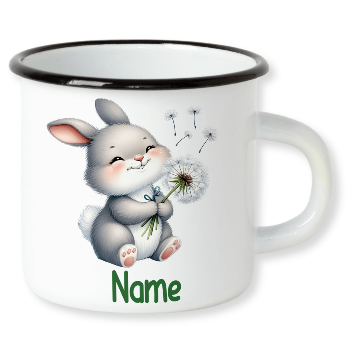 Weißer Emaillebecher mit niedlichem Hasen und Löwenzahn.