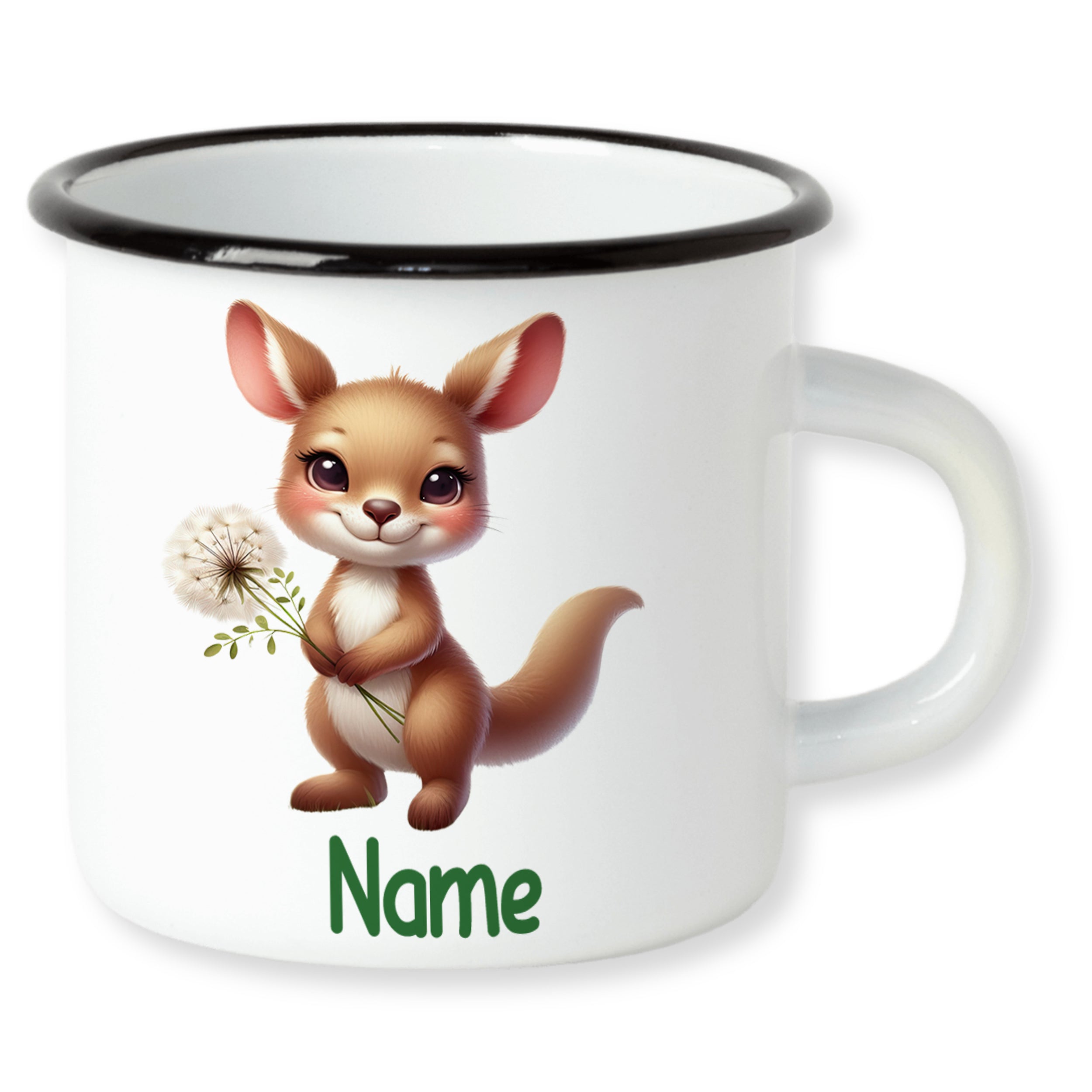 Weißer Emaillebecher mit niedlichem Känguru-Design und personalisiertem Namen.