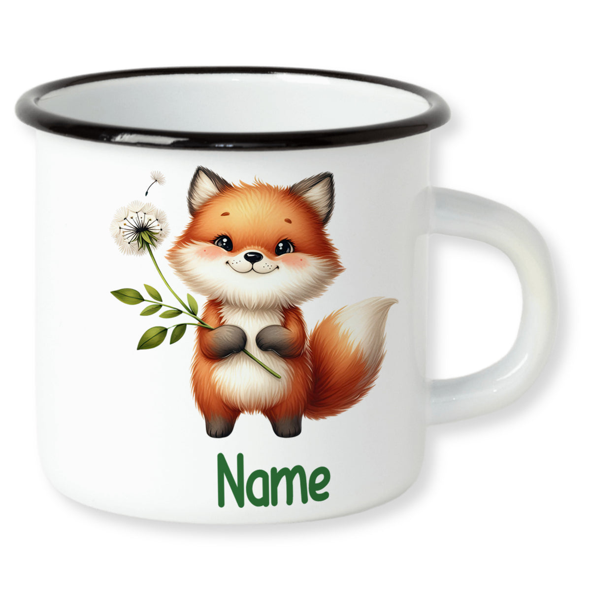 Weißer Emaille-Becher mit niedlichem Fuchs und Blumenmotiv.