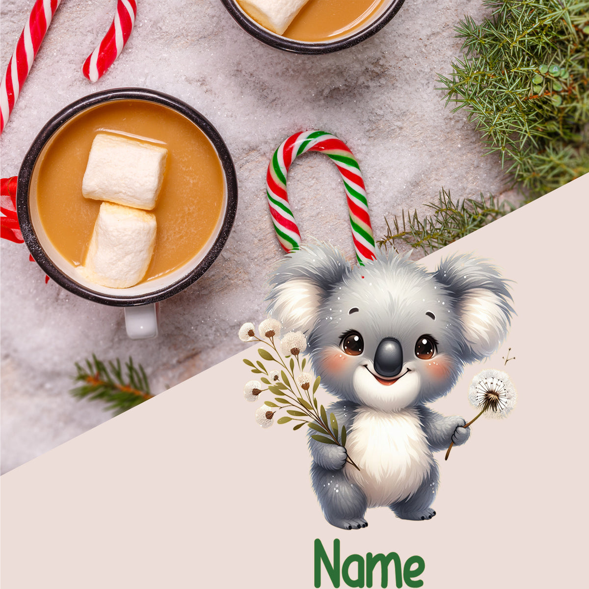 Tasse mit Kaffee, Schaum und Zuckerstangen, Koala-Illustration.
