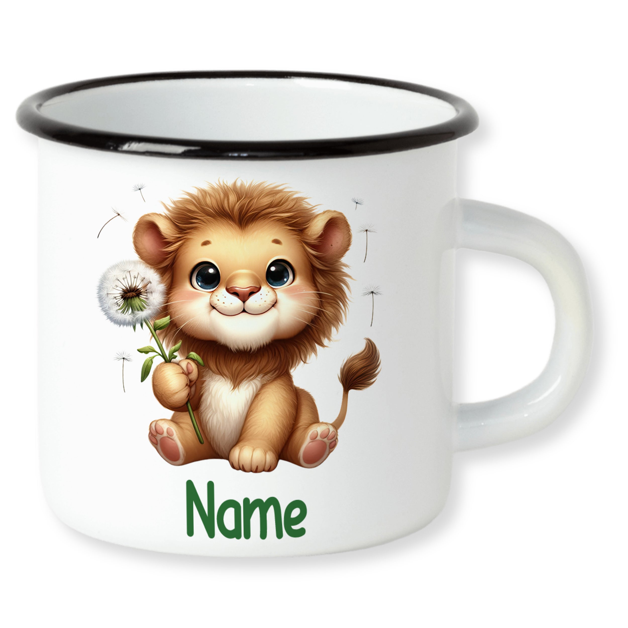 Tasse mit Löwenmotiv und personalisierbarem Namen.