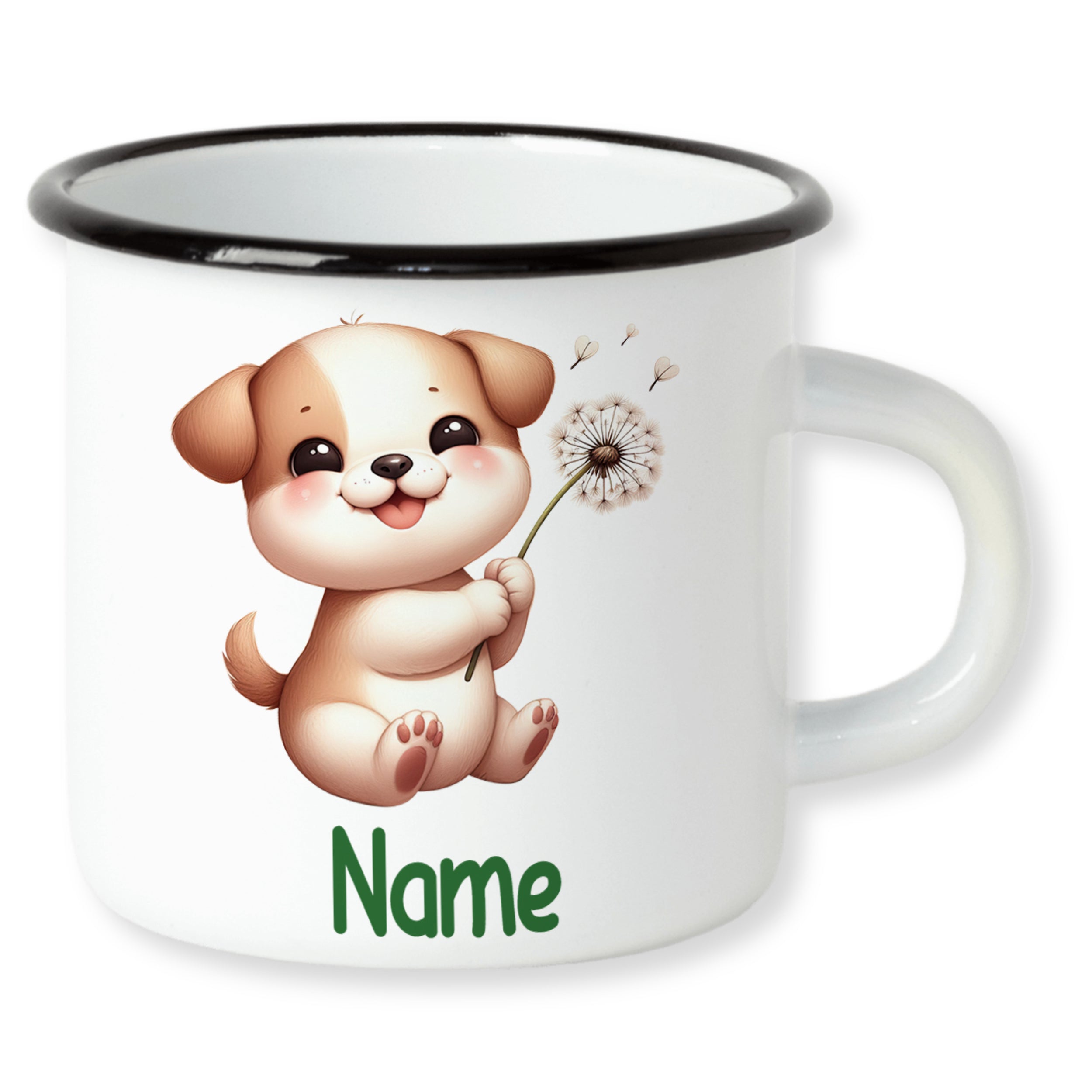Weißer Emaillebecher mit niedlichem Hund und Name.