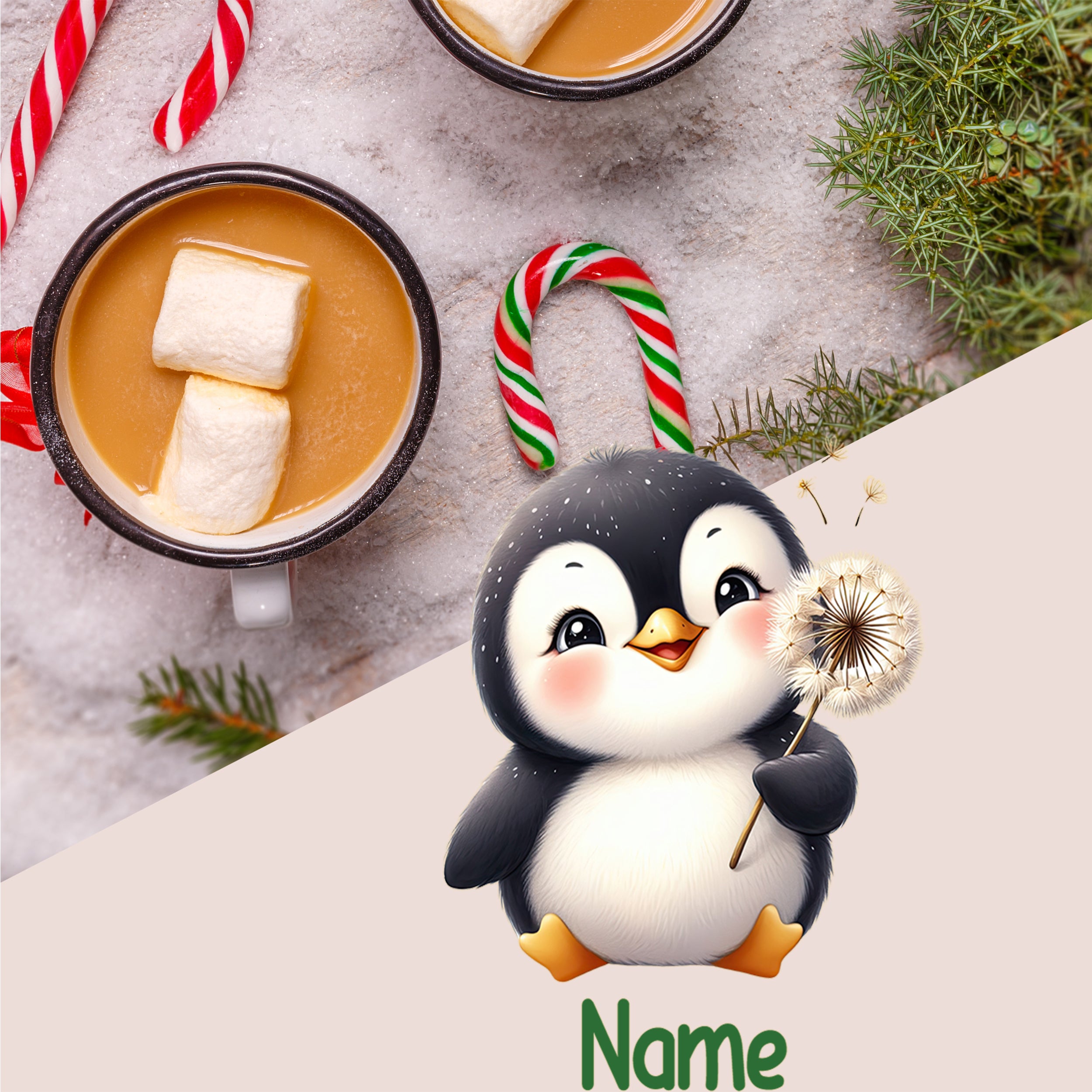 Kaffeetassen mit Marshmallows und niedlichem Pinguin-Design.