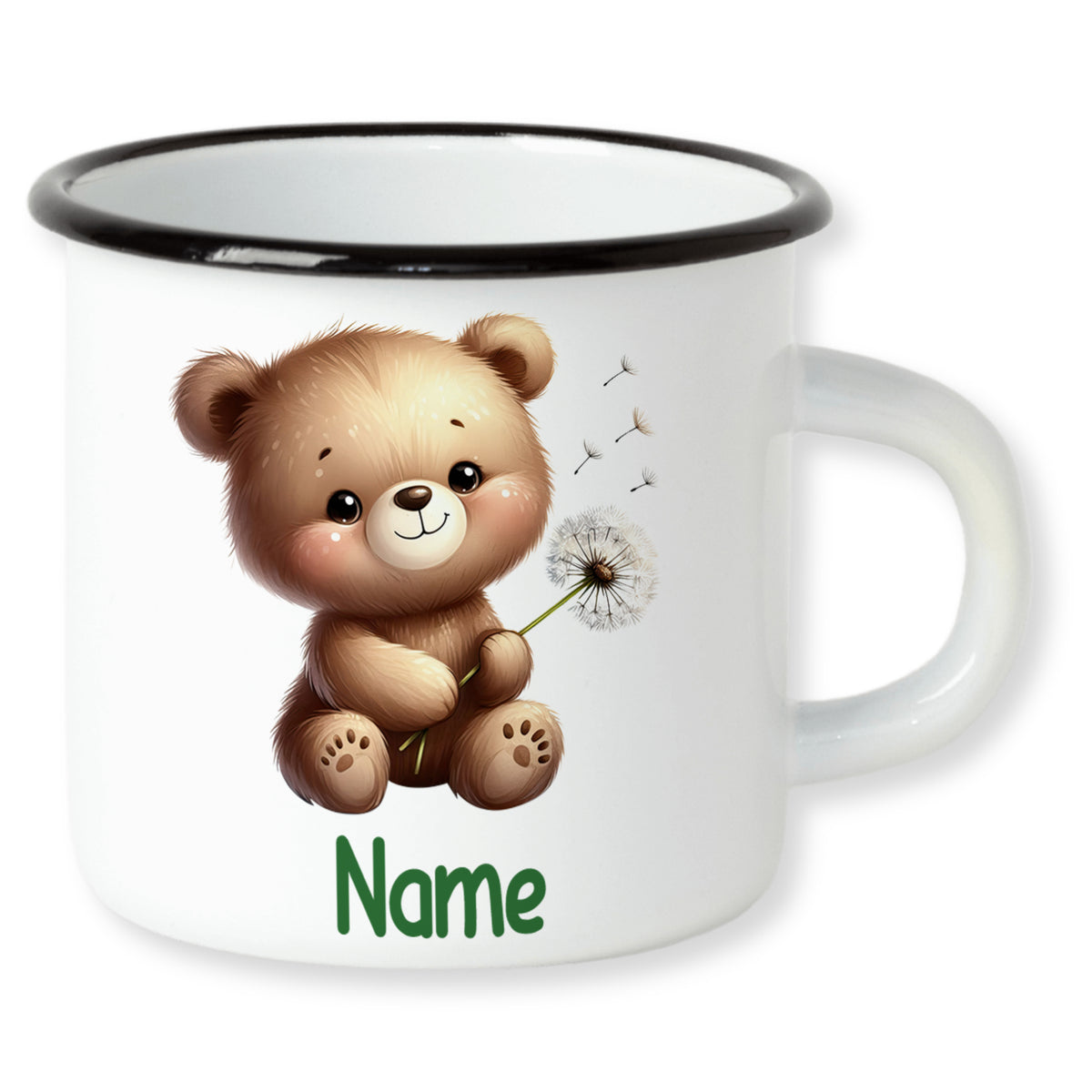 Tasse mit niedlichem Bären und Pusteblume, weiß mit schwarzem Rand.