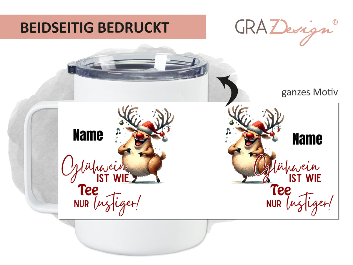 Becher mit lustigem Weihnachtsmotiv, beidseitig bedruckt.
