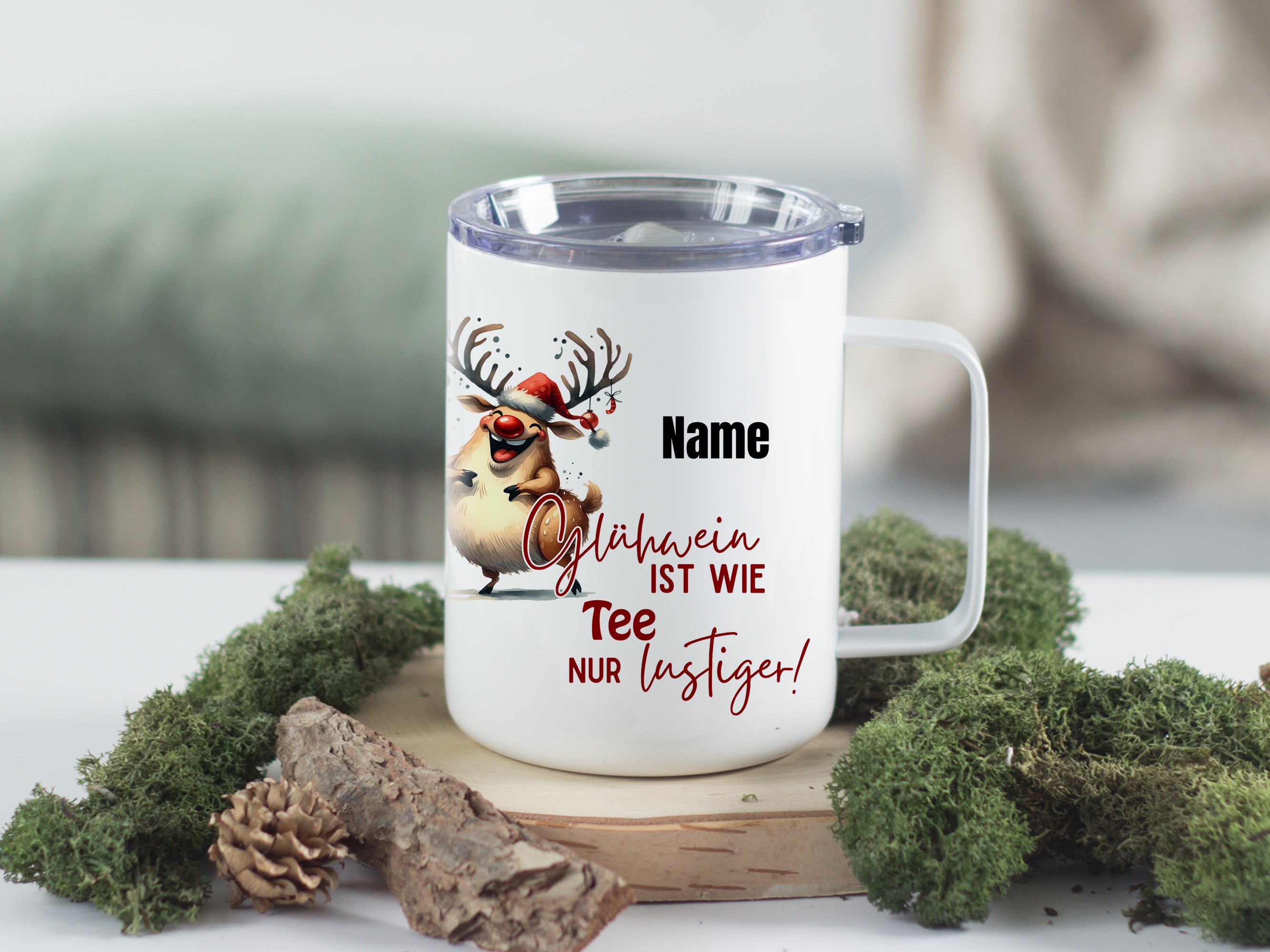 Tasse mit Weihnachtsmotiv, weiß, lustiger Spruch über Glühwein.