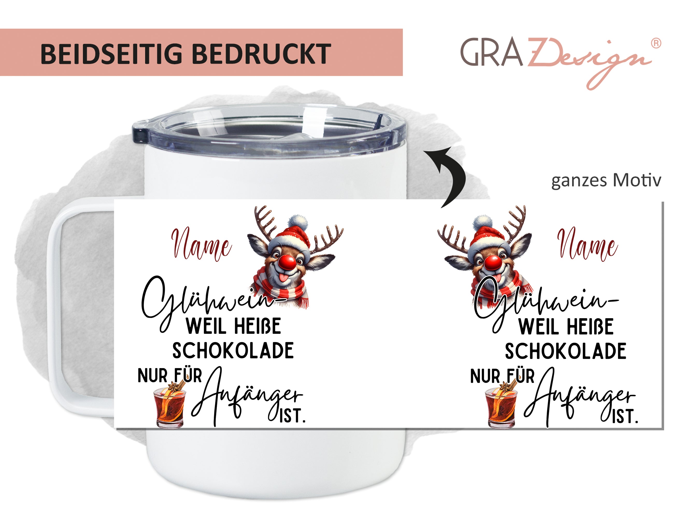 Becher mit Weihnachtsmotiv, Glühwein und Schokolade, beidseitig bedruckt.