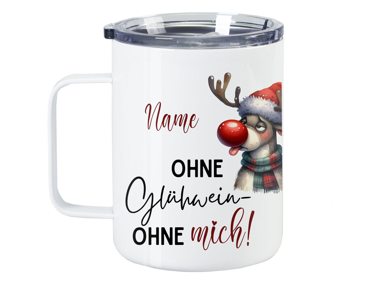 Weißer Becher mit Rentier-Motiv und Weihnachtsbotschaft.