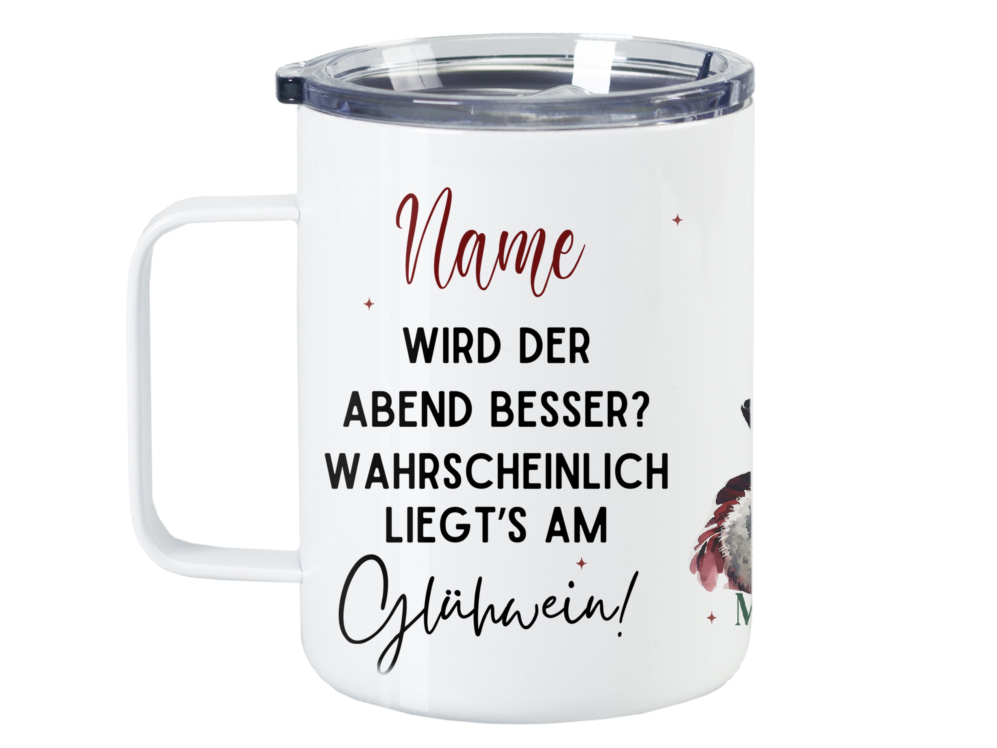 Weißer Becher mit Glühwein-Spruch und personalisierbarem Namen.