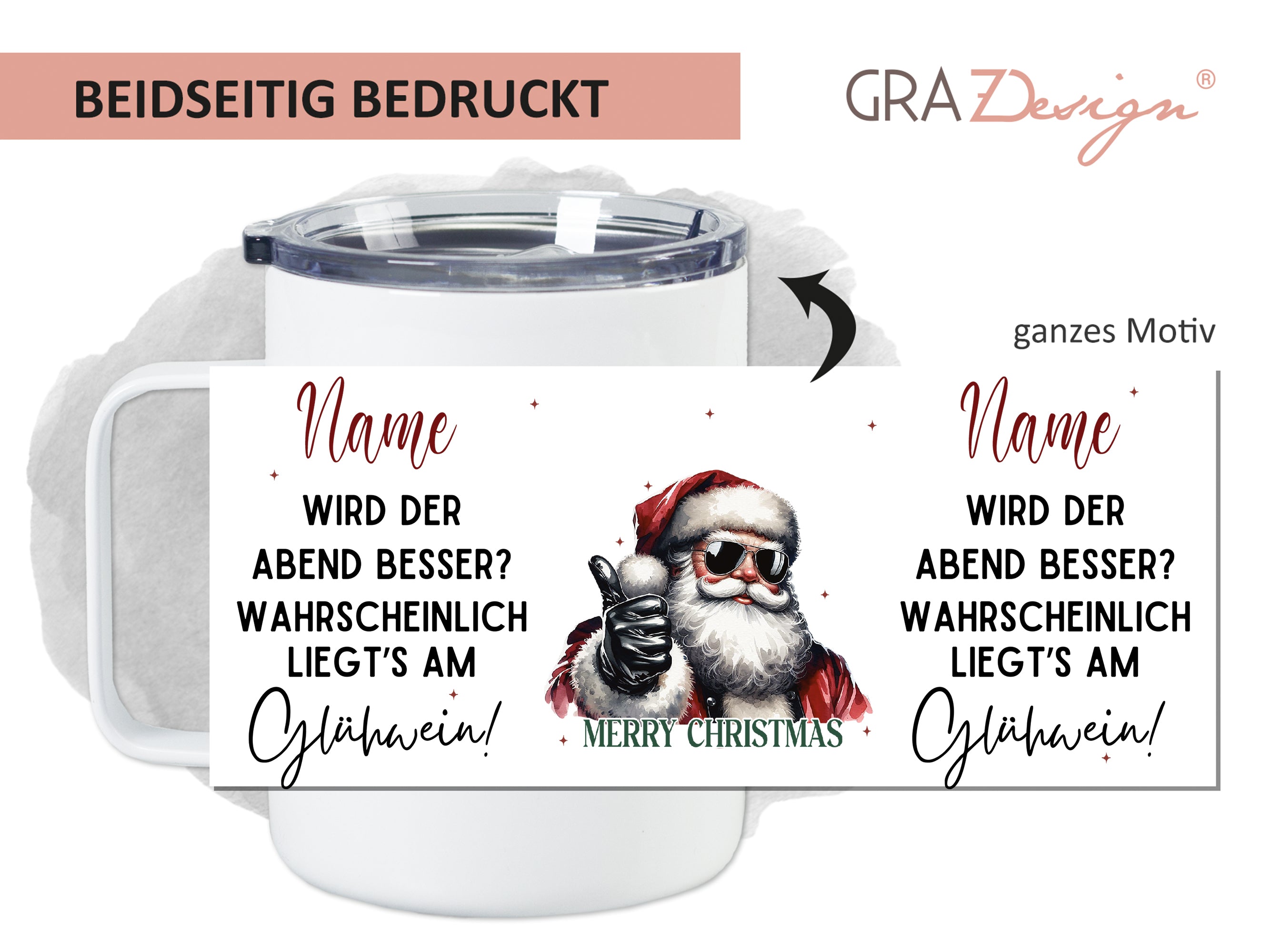 Becher mit Weihnachtsmann-Motiv, beidseitig bedruckt, personalisierbar.