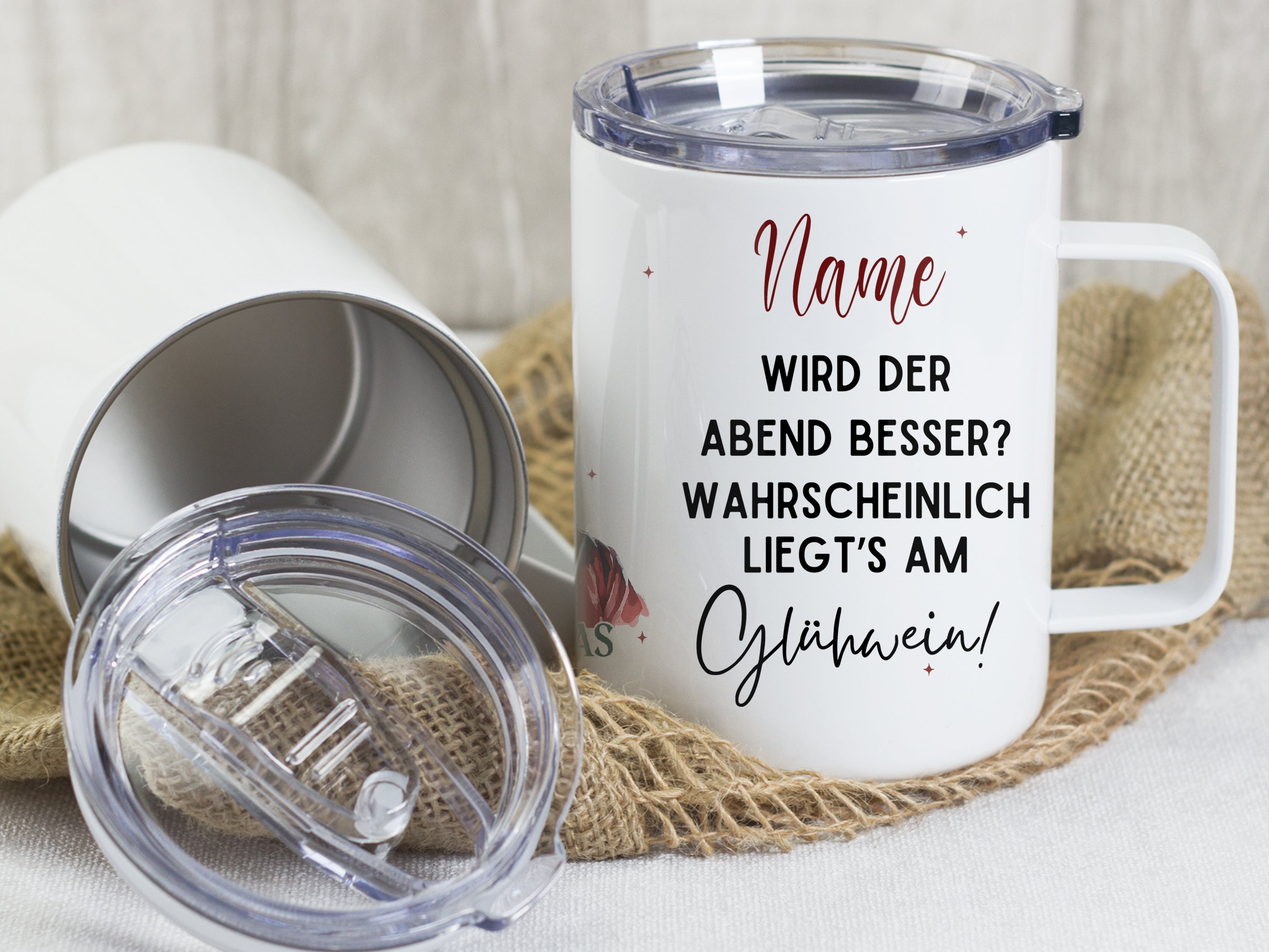 Personalisierbecher mit Spruch über Glühwein, weiß.