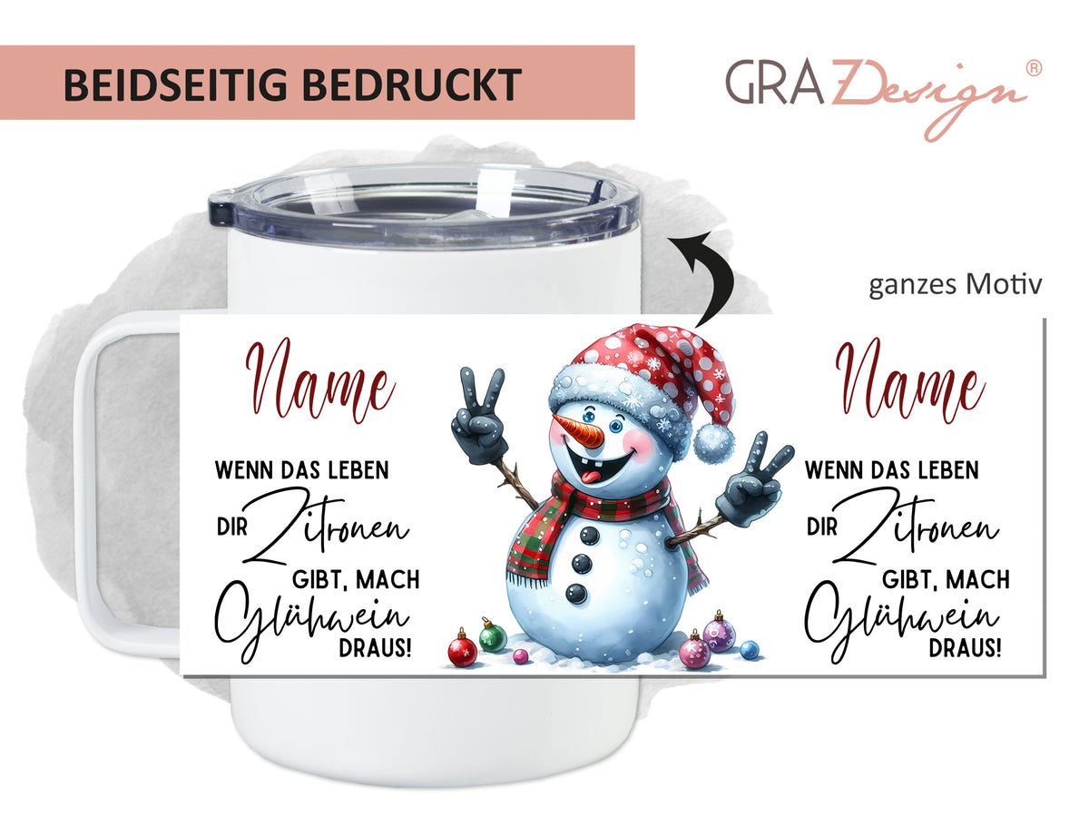 Tasse mit Schneemann-Motiv, beidseitig bedruckt, bunt.
