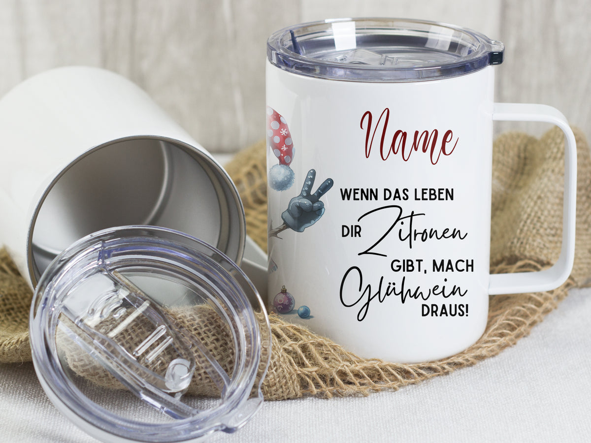 Personalisierbarer Becher in Weiß mit lustigem Spruch.