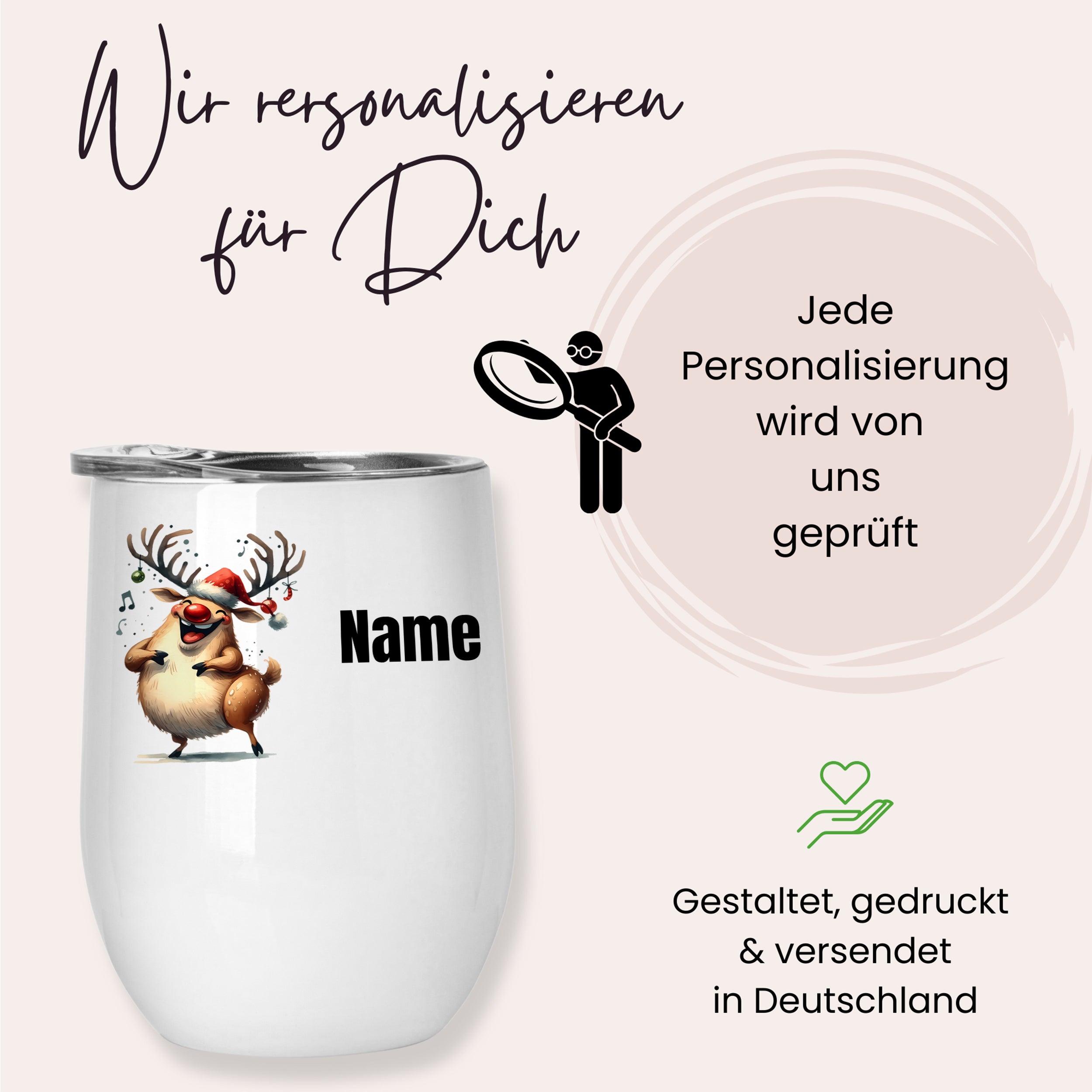 Weißer personalisierbarer Becher mit Weihnachtsmotiv und Name.