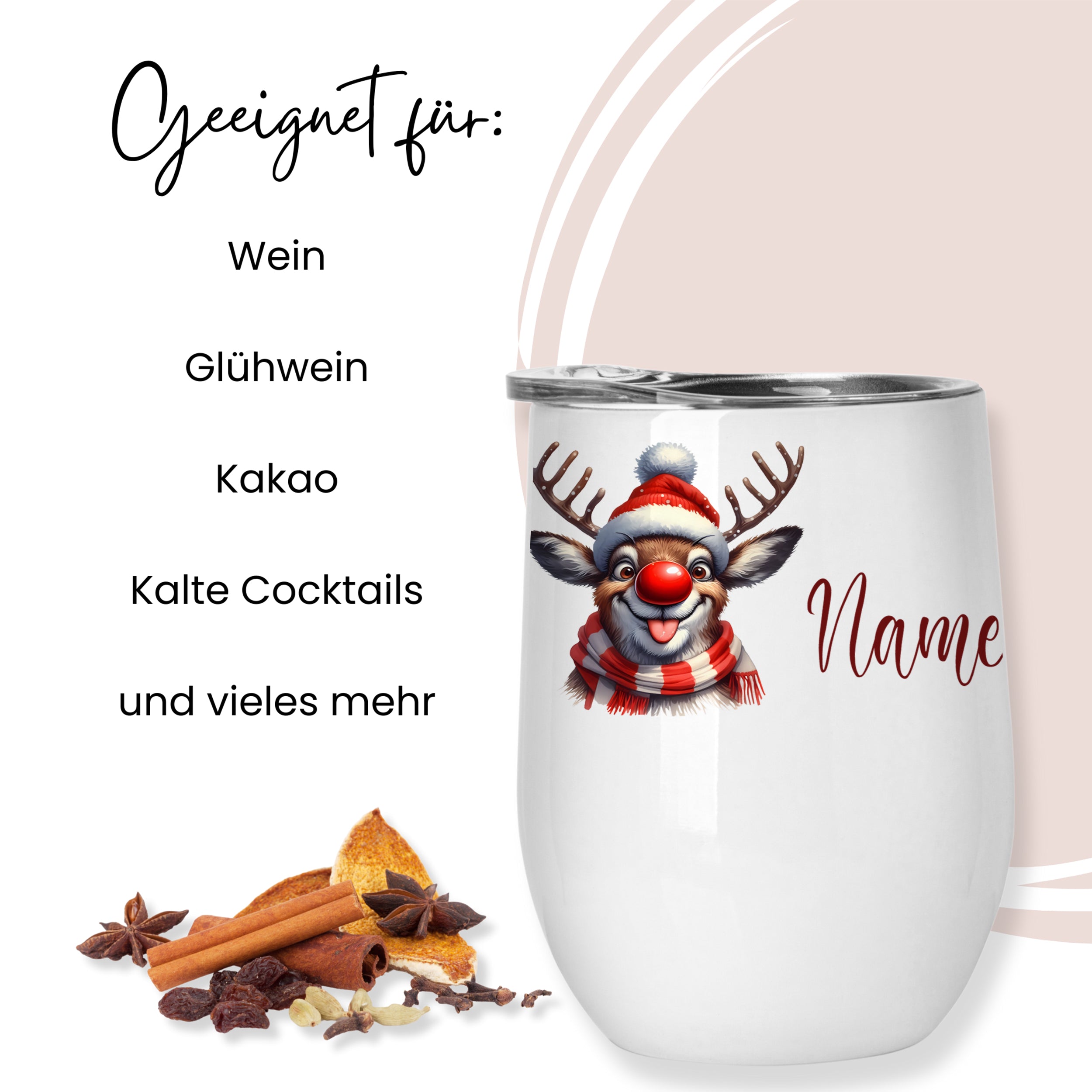 Weißer Becher mit Rentier-Motiv und personalisierbarem Namen.