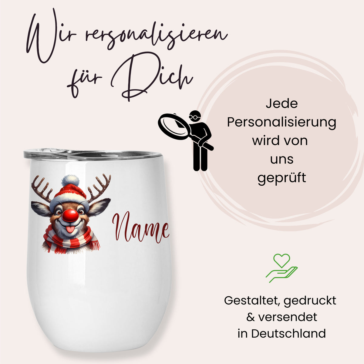 Personalisierbarer Becher mit Rentier-Motiv, weiß.
