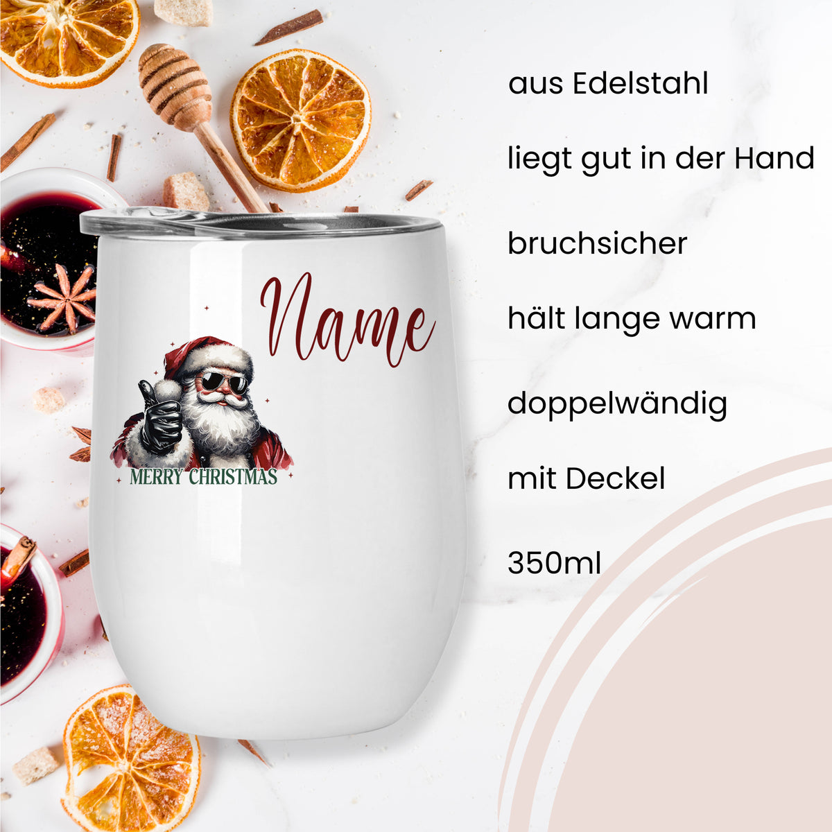 Edelstahlbecher mit Weihnachtsmann-Motiv, 350ml, bruchsicher.