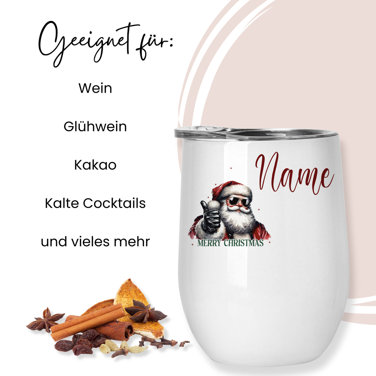 Weißer Becher mit Weihnachtsmann-Motiv und personalisierbarem Namen.