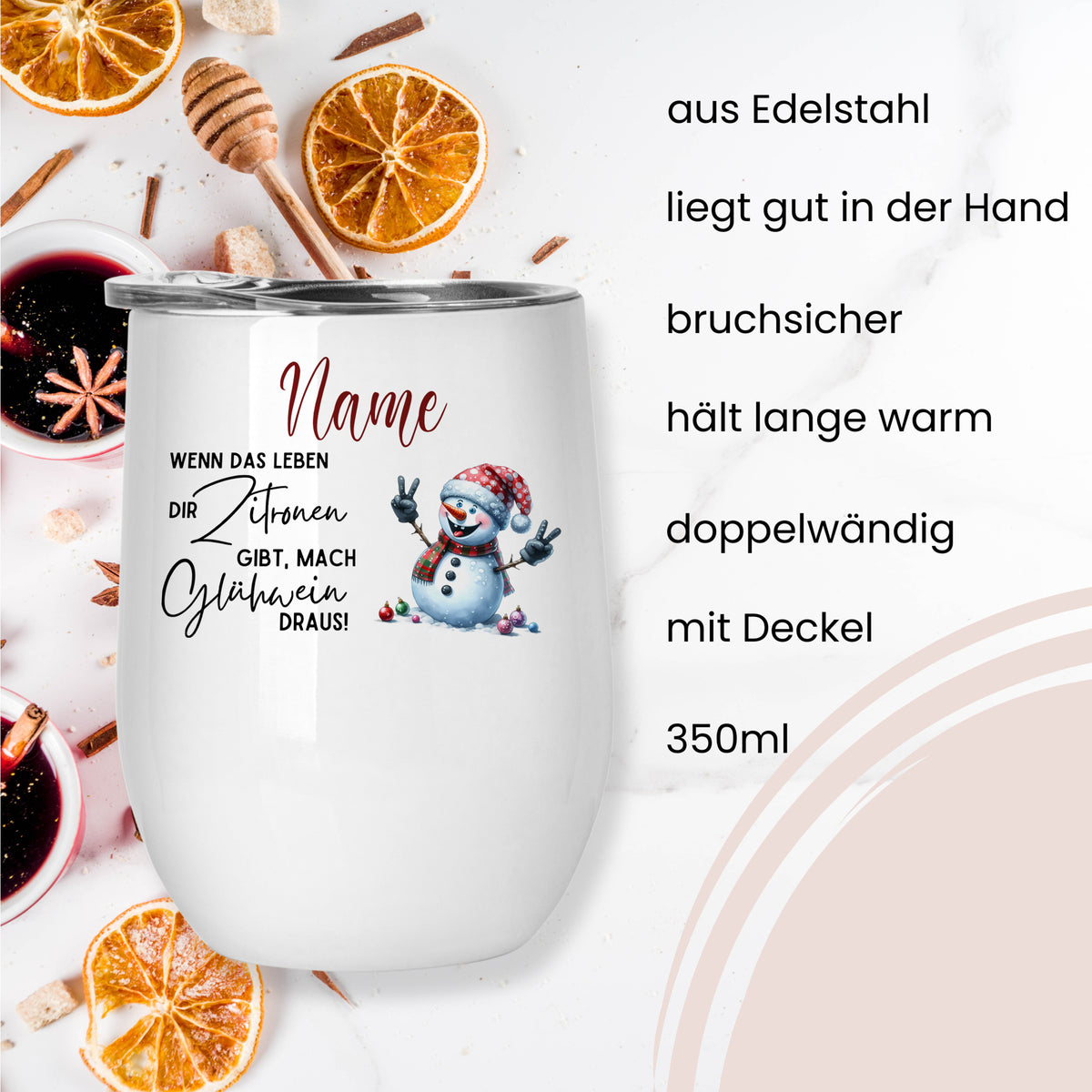 Weißer Edelstahlbecher mit Schneemann-Motiv, 350ml, bruchsicher.