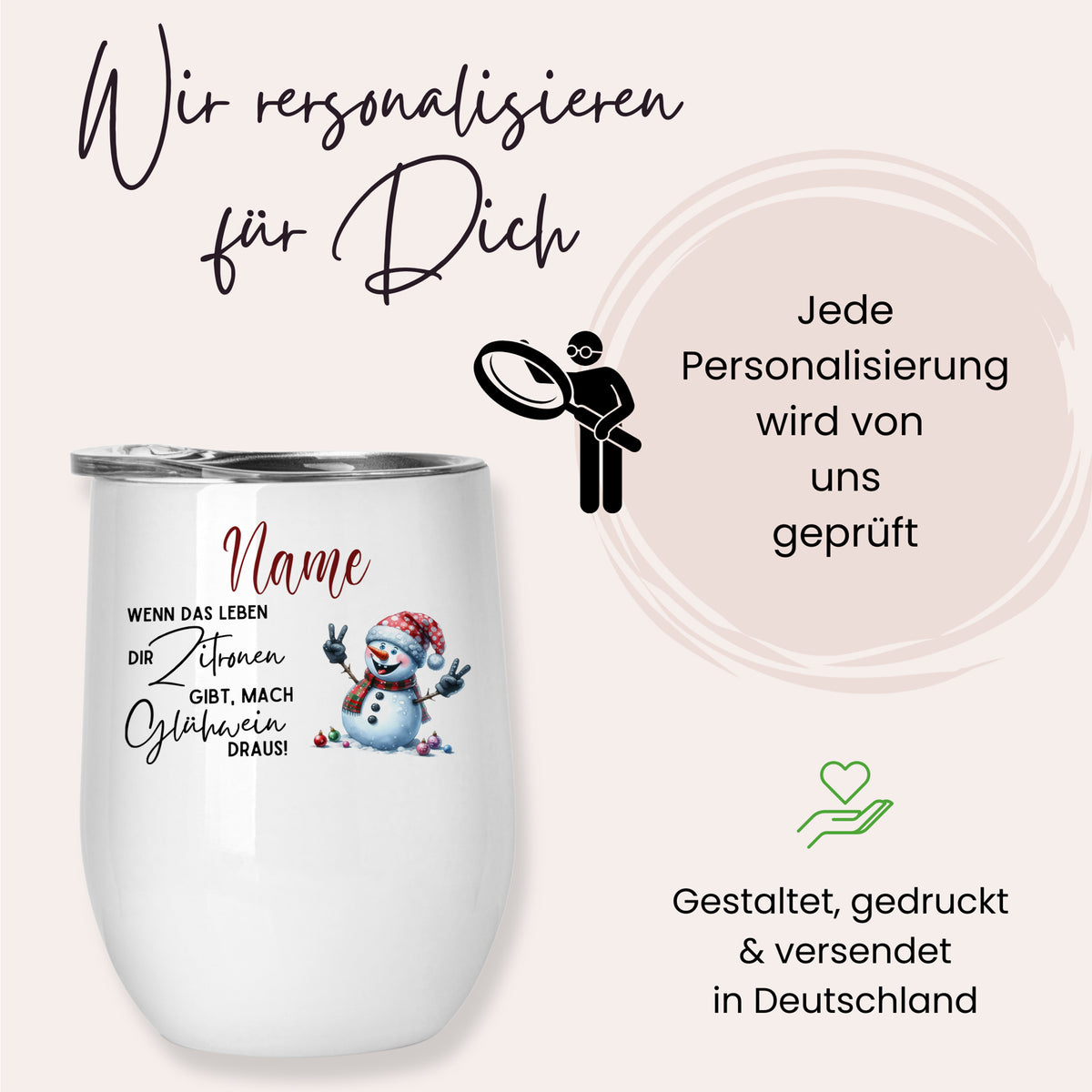 Personalisierbarer weißer Becher mit Schneemann-Motiv.