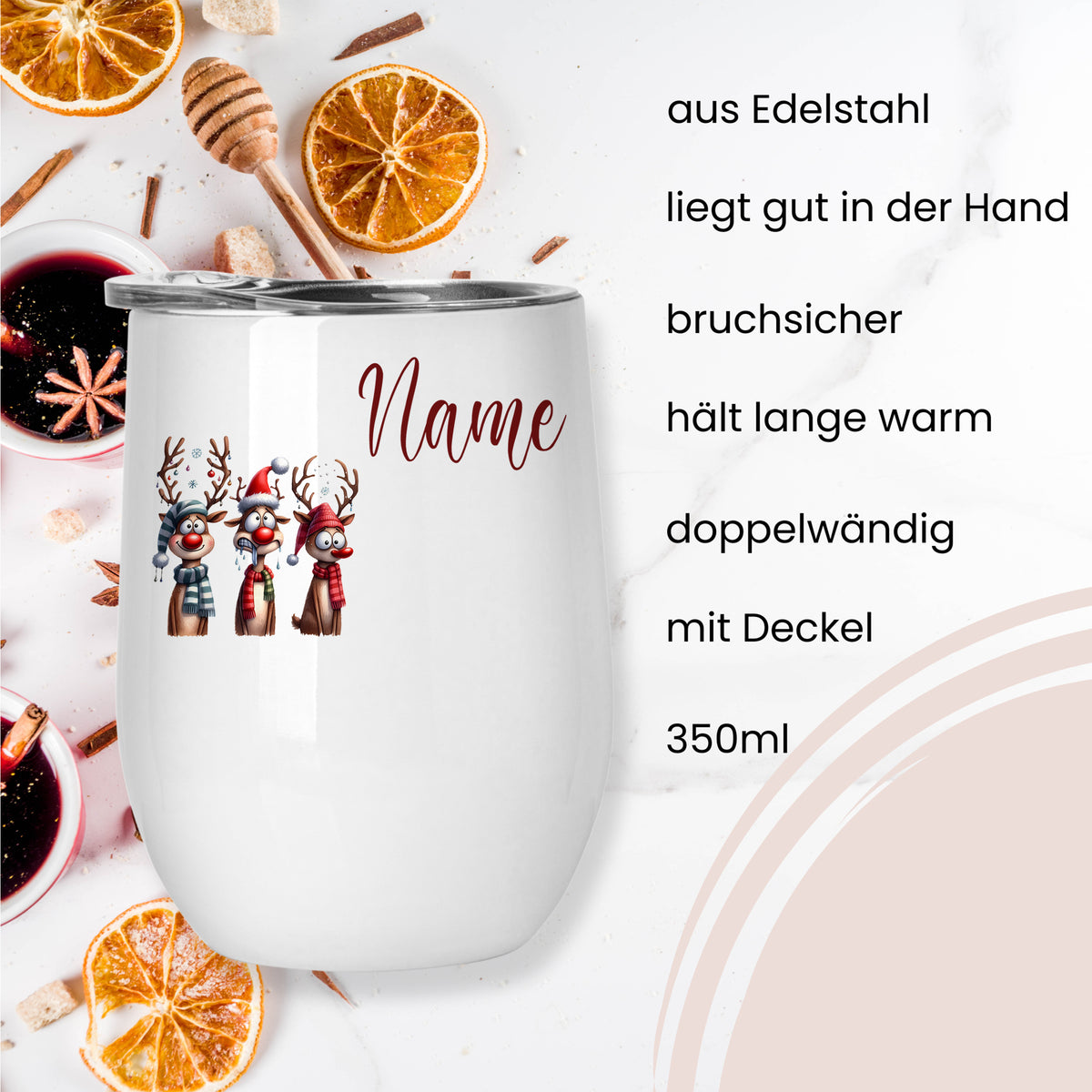 Edelstahlbecher mit Deckel, 350ml, bruchsicher, weihnachtliches Design.