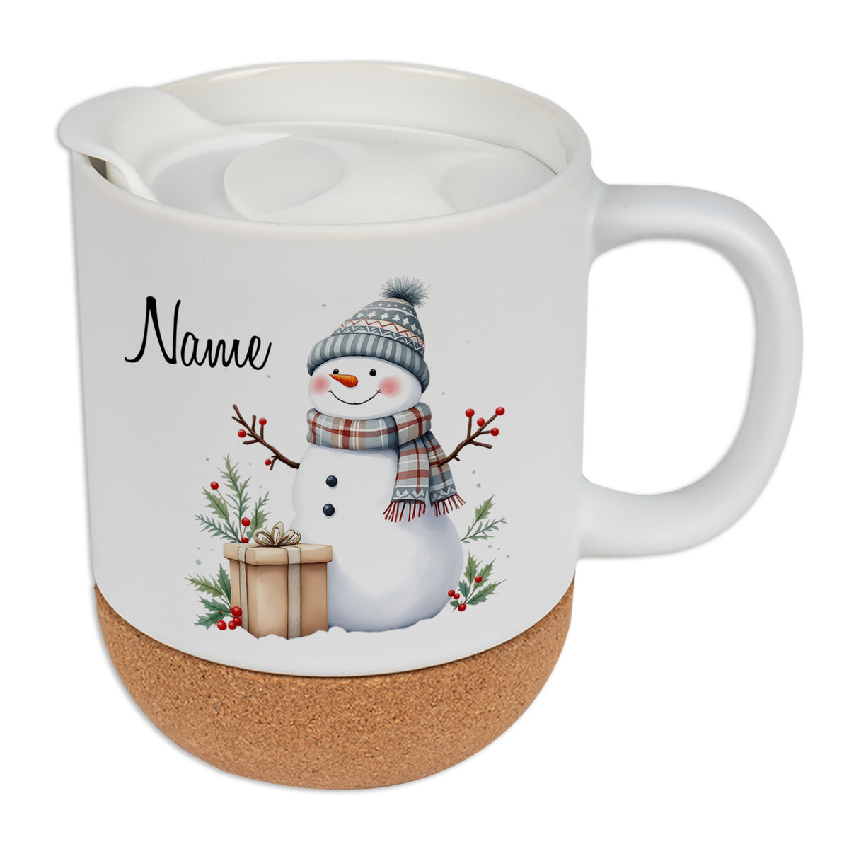 Kaffeebecher mit Schneemann-Motiv und Korkboden.