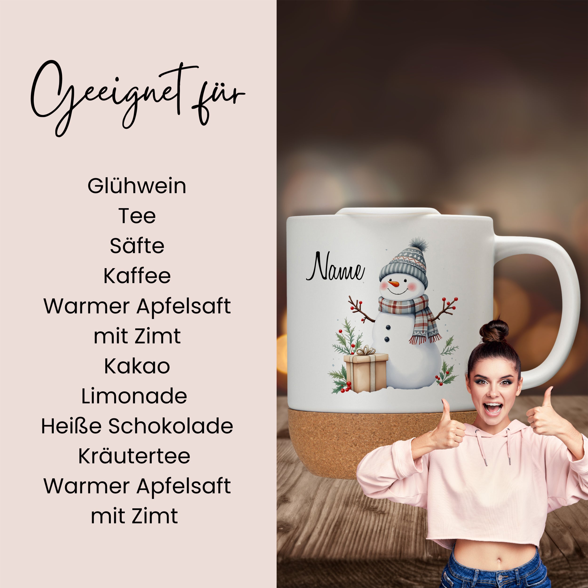 Tasse mit Schneemann-Design, beige, personalisierbar.