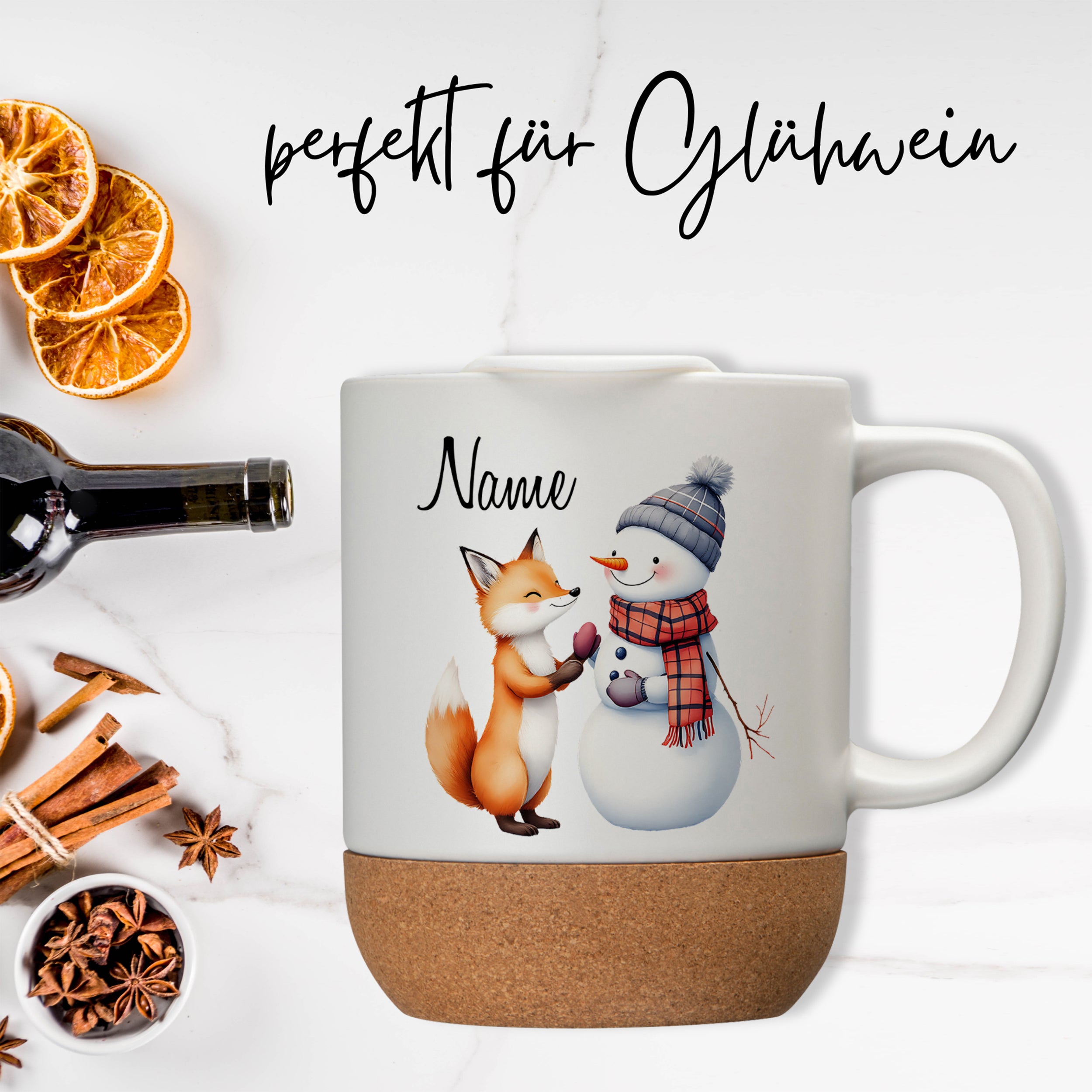 Tasse mit Fuchs und Schneemann, beige und weiß, perfekt für Glühwein.